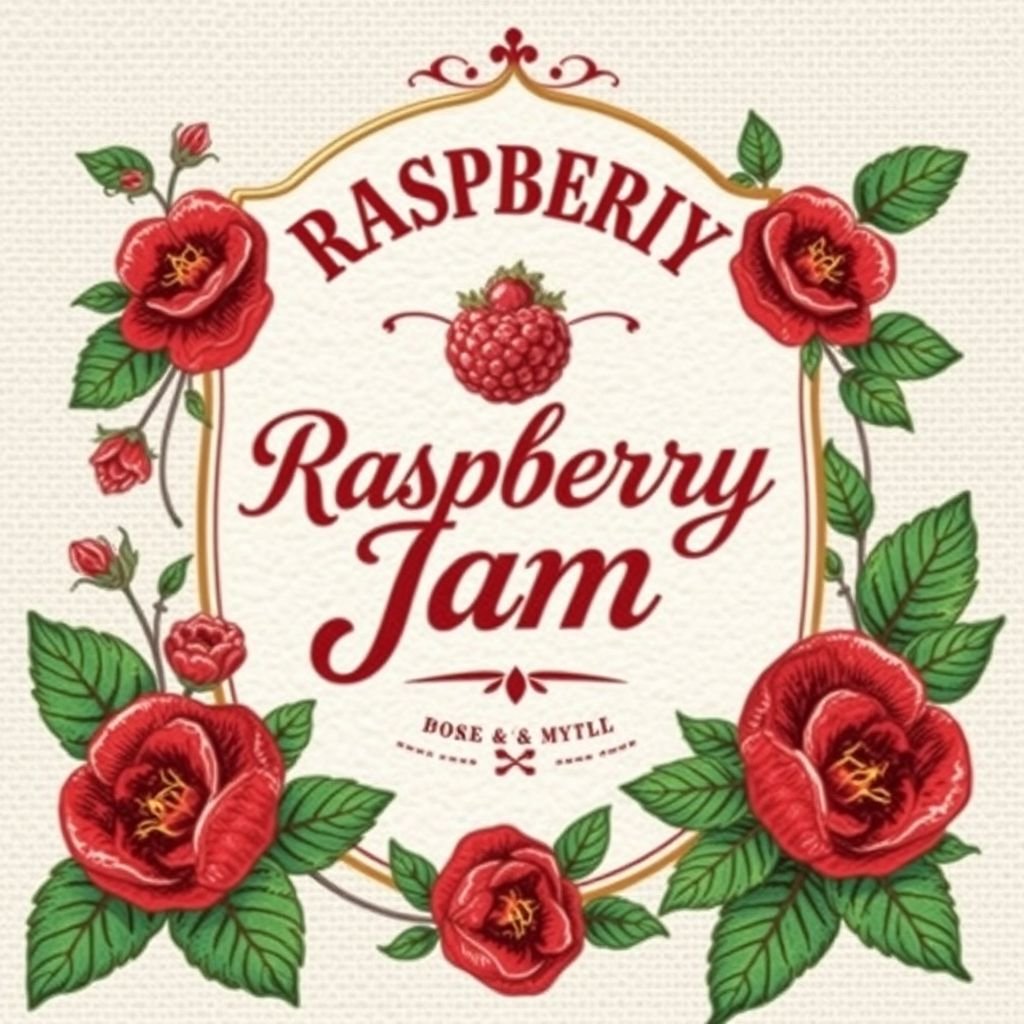 этикетка для банки ДЖЕМ МАЛИНОВЫЙ
A vintage-inspired label for raspberry jam. Bold, cursive typography in deep crimson. Intricate floral illustrations framing the edges. A textured, matte paper background mimicking linen. Delicate gold foil accents shimmering under soft light. Artisanal charm combined with a whimsical touch. Captivating hues of raspberry red and verdant green enhancing visual appeal.