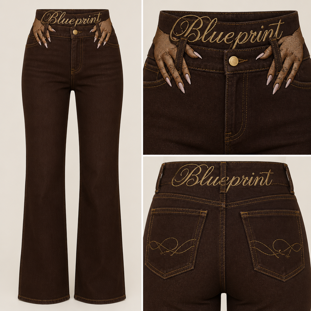 high waisted Chocolate brown bootcut jeans with gold stitching, blueprint embroidery in large cursive font spanning the entire belt band area, including embroidered women's manicured hands with long nails through front belt loops
High-waisted, bootcut jeans in chocolate brown denim with gold stitching. Blueprint embroidery in large cursive font spans the entire belt band. Embroidered women's manicured hands with long nails are positioned through the front belt loops.