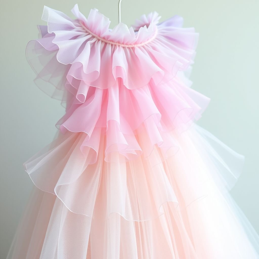 Organza & Tulle  only fabric

Whimsical layers of sheer organza and soft tulle. Ethereal design, flowing and airy, creating a cloud-like silhouette. Delicate ruffles framing the neckline, cascading down to a layered skirt. Pastel hues of lavender and blush intertwining. Lightweight elegance, with intricate embroidery embellishments, evoking a dreamy, romantic aesthetic. Perfect for fairy-tale occasions.