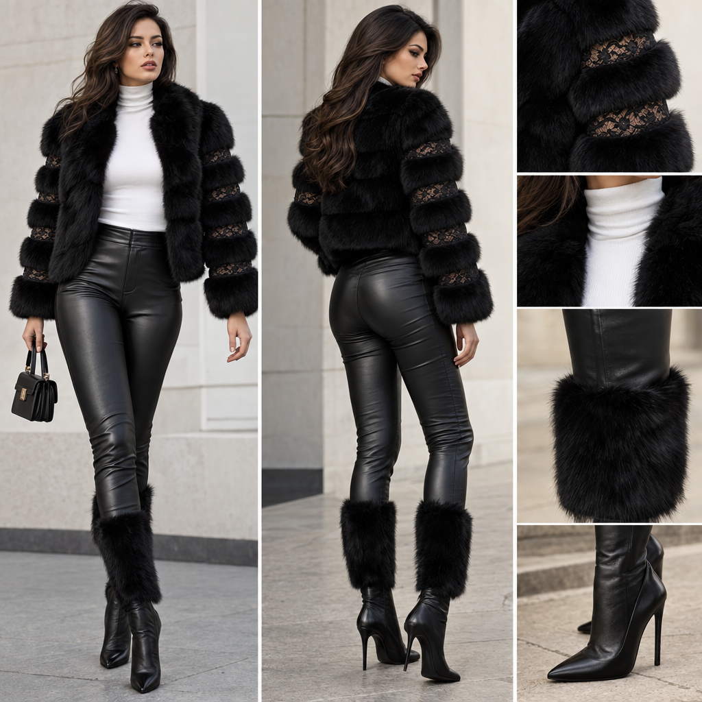 Black fur coat short with horizontal rows of black lace on sleeves. White turtleneck tight shirt. Tight black leather pants with black fur on calf of pants. Black high heel
Black fur coat short with horizontal rows of black lace on sleeves. White turtleneck tight shirt. Tight black leather pants with black fur on calf of pants. Black high heel, contemporary style