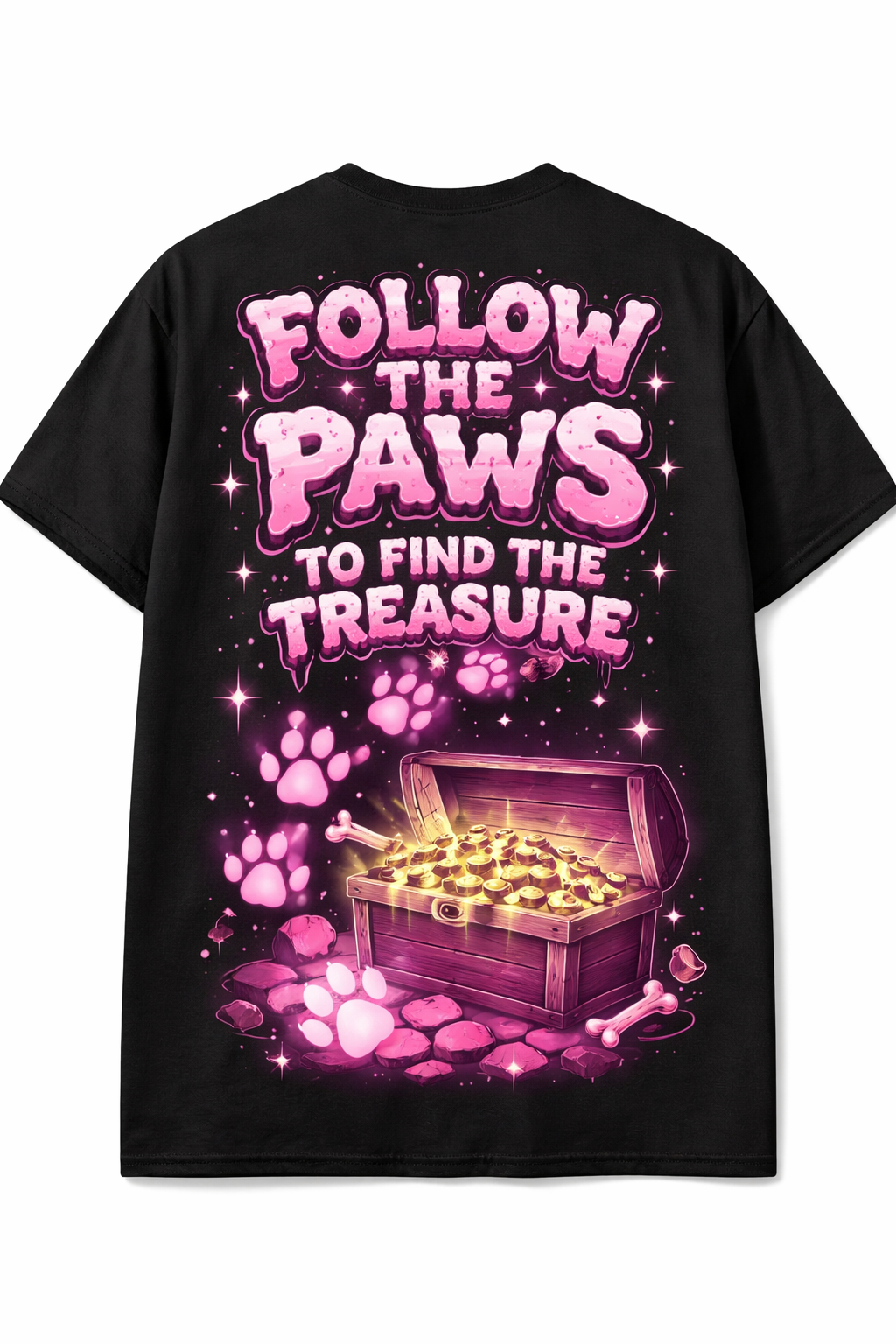 i want to make a t shirt design for a company which cares for animals. I am inspired by the Broken planet future is here and i want a similar design to it. i want a black and pink theme. the t shirt shiuld have the words: Follow the paws to find the treasure. there should be little pink paws leading to a open chest with visible gold paws inside. i dont want big img of animals there should be the text which dominates most of the back design .
i want to make a t shirt design for a company which cares for animals. I am inspired by the Broken planet future is here and i want a similar design to it. i want a black and pink theme. the t shirt shiuld have the words: Follow the paws to find the treasure. there should be little pink paws leading to a open chest with visible gold paws inside. i dont want big img of animals there should be the text which dominates most of the back design .