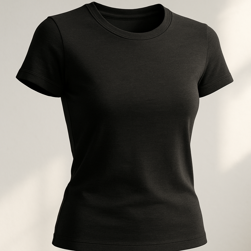 A premium women’s basic black colour crew neck t-shirt, slim fit, made of first-class high-quality cotton fabric with a soft luxurious texture, short sleeves, minimal and elegant design. Ghost mannequin hollow man style photography, the t-shirt looks 3D as if worn by an invisible model, perfectly shaped and realistic fit. Photographed in natural daylight, clean background, ultra-detailed premium cotton fabric texture, hyperrealistic stitches, 3D/4D depth of field close-up, fashion e-commerce product photography aesthetic.
Classic fashion design: A premium women's black crew neck t-shirt. Slim fit, soft cotton, short sleeves. Classic, simple design. Ghost mannequin, natural daylight, clean background. Focus on fabric texture, realistic stitches, and close-up depth of field.