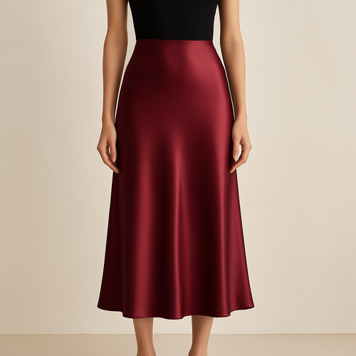 A luxury fashion product photo for an online store. A female model wears a midi satin skirt in deep bordeaux. The skirt is the main focus: silky, fluid texture, premium high-quality fabric, elegant drape. Minimal styling, no blazer, no jacket, no accessories. Neutral studio-like background, soft daylight, ghost mannequin 3D/4D effect to highlight the skirt shape. Clean, minimal, professional e-commerce photography.