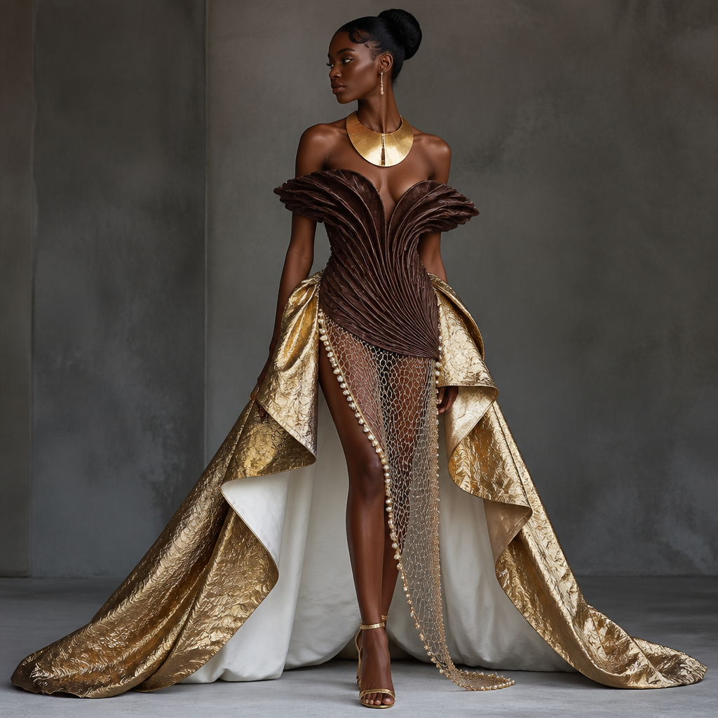 Off-the-shoulder, timeless, modest mermaid gown with a piped chocolate-brown oyster bodice extending to mid-thigh and a gold avant-garde train starting at the knees, with a pure white inner lining like the nacre inside a clam. The slip under the dress should be of metallic netting with lines of pearls gracing the bottom of the netting. The model should be wearing a large gold-plated neck adornment alike the cymbal instrument
Off-the-shoulder mermaid gown. Chocolate-brown oyster bodice, mid-thigh. Gold avant-garde train, knee-length. White lining. Metallic netting slip, pearl trim. Gold-plated cymbal neck adornment.