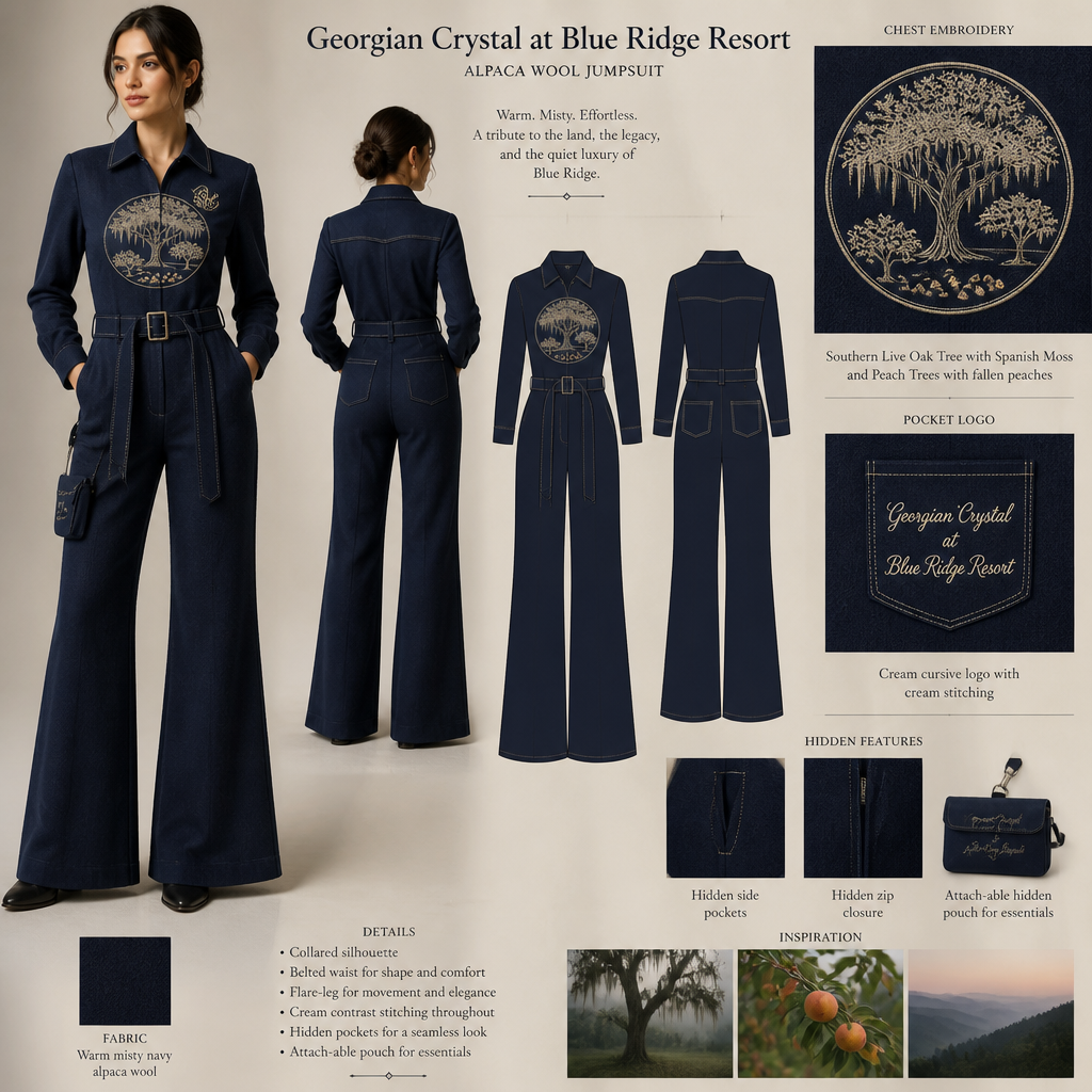 misty navy warm, collared, belted, and stretchy long-sleeve timeless elegance professional flare leg non-jean jumpsuit made of alpaca wool with cream cursive font embroidered "Georgian Crystal at Blue Ridge Resort" logo pocket with cream stitching, then add hidden misty navy pockets. Make sure non-sheen pockets have cream stitching. Include an attachable hidden misty navy pouch to hold pens, a small pen pad, front office cordless phone, and front office keys. Large logo should include a cream-stitched only Southern Live Oak Tree with Spanish Moss and Peach Trees with fallen peaches, influenced by the Atlanta skyline on the front chest area only, and The entire front chest logo size should be the size of a circular plate, including the resort name within the circular plate only. Create a design for women in the front office only. No back pockets
Warm misty navy alpaca wool jumpsuit with a collared, belted, flare-leg silhouette. Cream cursive "Georgian Crystal at Blue Ridge Resort" logo on pocket with cream stitching. Large cream-stitched Southern Live Oak Tree with Spanish Moss and Peach Trees with fallen peaches logo on the front chest, size of a circular plate. Hidden misty navy pockets with cream stitching. Attach-able hidden misty navy pouch for essentials.