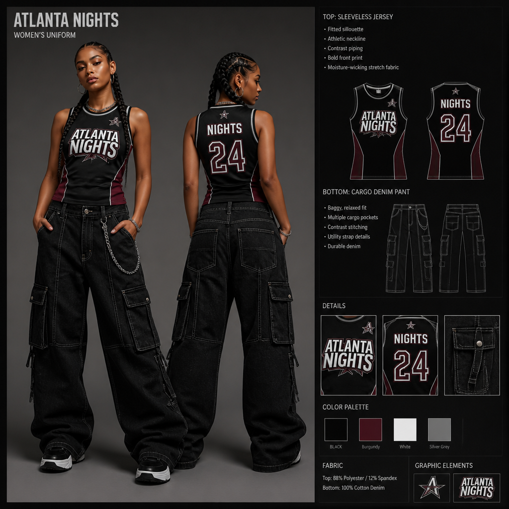 womens wait staff uniform with sleeveless, fitted jersey with bold ATLANTA NIGHTS PRINT with black baggy cargo fit denim with multiple pockets and relaxed, streetwear inspired
Women's uniform: Fitted, sleeveless jersey top with bold "ATLANTA NIGHTS" print. Paired with black, baggy cargo denim pants, relaxed fit, multiple pockets.