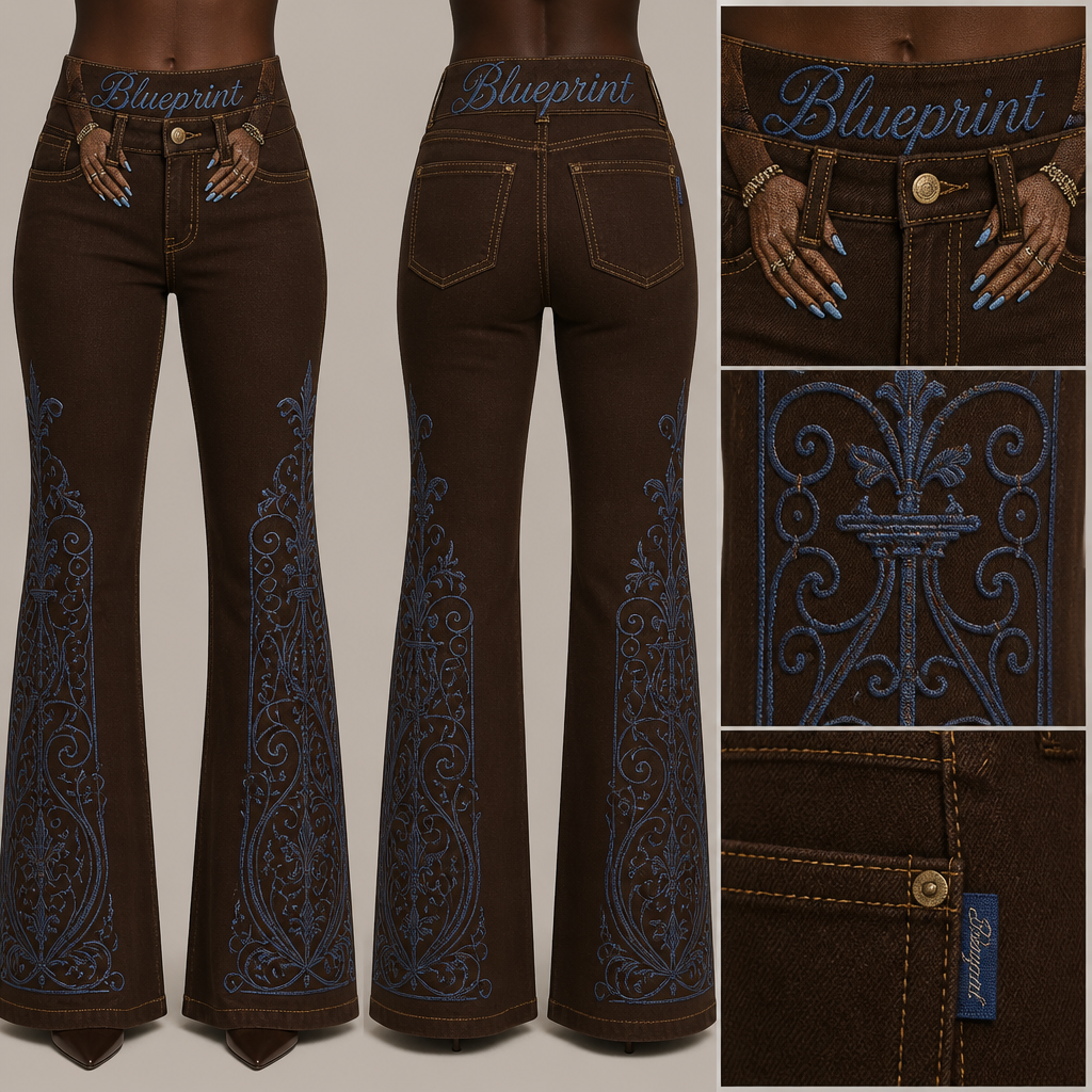 high waisted Chocolate brown bootcut jeans with gold stitching, blueprint embroidery in large cursive font spanning the entire belt band area, including embroidered women's manicured hands with long nails through front belt loops, add blue South Carolina ironwork on pants legs
High-waisted, bootcut chocolate brown denim jeans with gold stitching. Blueprint embroidery in large cursive on the belt band. Embroidered women's manicured hands through front belt loops. Blue South Carolina ironwork pattern on pant legs.