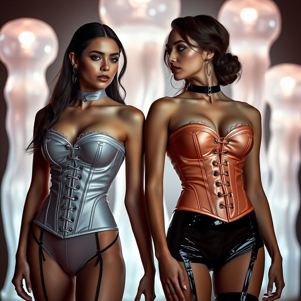 Side View of two female topmodels with Bust in shiny PVC Dark Pastel & Sepia clothing (corsets, chockers, girdle with Garter belts & glossy PVC Socks) locked in slow dancing in an Art Nouveau-style Futuristic Spaceship, with Glowing AI-generated Lava-Lamps of Black-Light pulse behind them. Leica M9 clarity, romantic elegance.
Elegant silhouettes of two top models, exuding bold sophistication in shimmering dark pastel and sepia corsets, intricately laced with shiny PVC accents. Garter belts and glossy PVC socks accentuate their curves, while delicate chokers add a touch of opulence. In the backdrop, ethereal, glowing AI-generated lava lamps pulse, inviting a dreamy ambiance.
