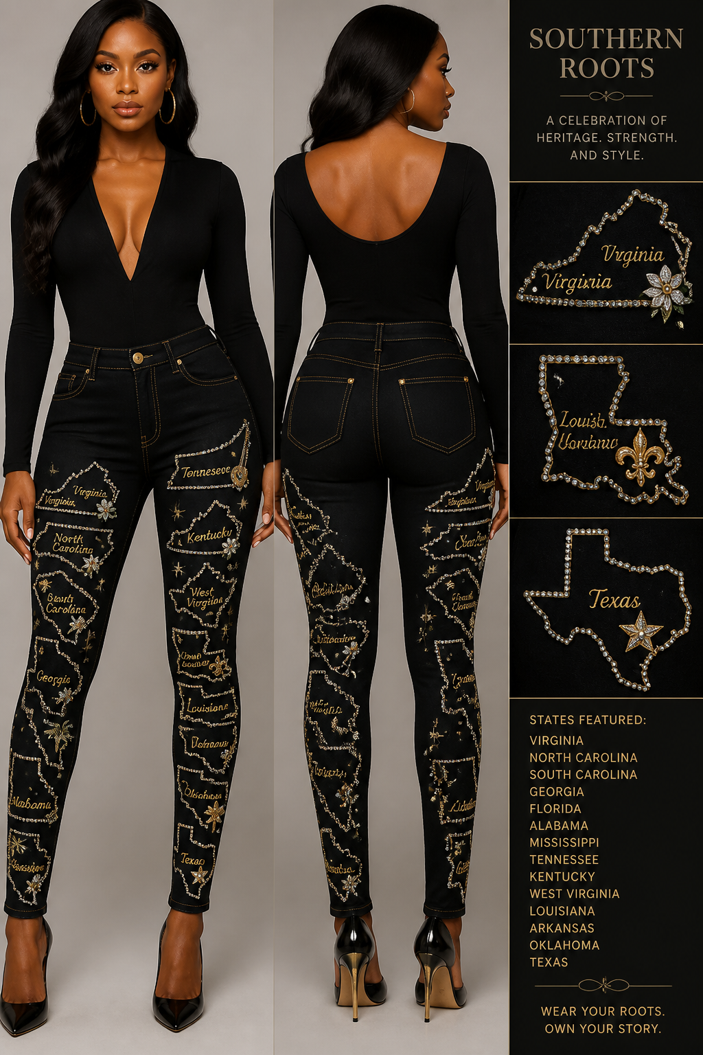 Black Women's skinny jean with embellishments of the group of southern states in the united states on both jean legs
Black Women's skinny jean with embellishments of the group of southern states in the united states on both jean legs