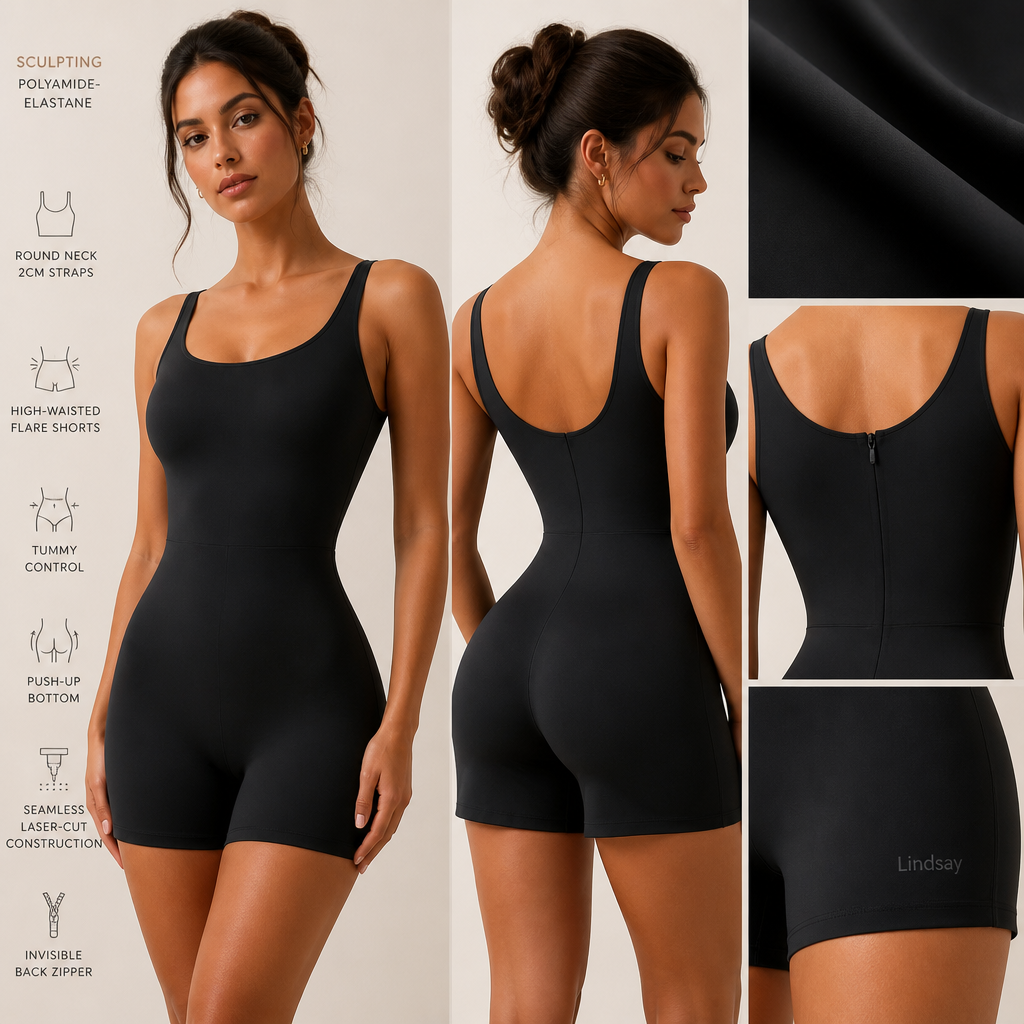 combinaison short matiere 76 % de polyamide / 24 % d’élastane , scultante , col rond , bride de 2cm de largeur , ventre gainant et short taille haute en flare , fessier galbant et push up, toute la combinaison est coupée au laser sans couture , tirette à l'arrière est invisible , la marque est ecrit en bas cote droit "Lindsay" en tout petit rafinnée
Sculpting polyamide-elastane short jumpsuit. Round neck, 2cm straps. High-waisted flare shorts, tummy control, push-up bottom. Seamless laser-cut construction. Invisible back zipper. "Lindsay" discreetly printed on the lower right side.