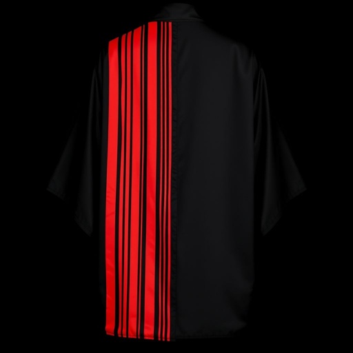 Design a men's kimono with a futuristic, minimalist aesthetic. On one side of the kimono, feature vertical lines in varying widths and lengths, randomly placed in red, creating a dynamic and fluid pattern. The other side should remain clean and simple, maintaining a sleek, modern silhouette. The base color should be black, with the red lines adding contrast and energy to one side. The overall design should combine a modern, shamanic feel, blending tradition with innovation, and evoke both spiritual and futuristic elements."
