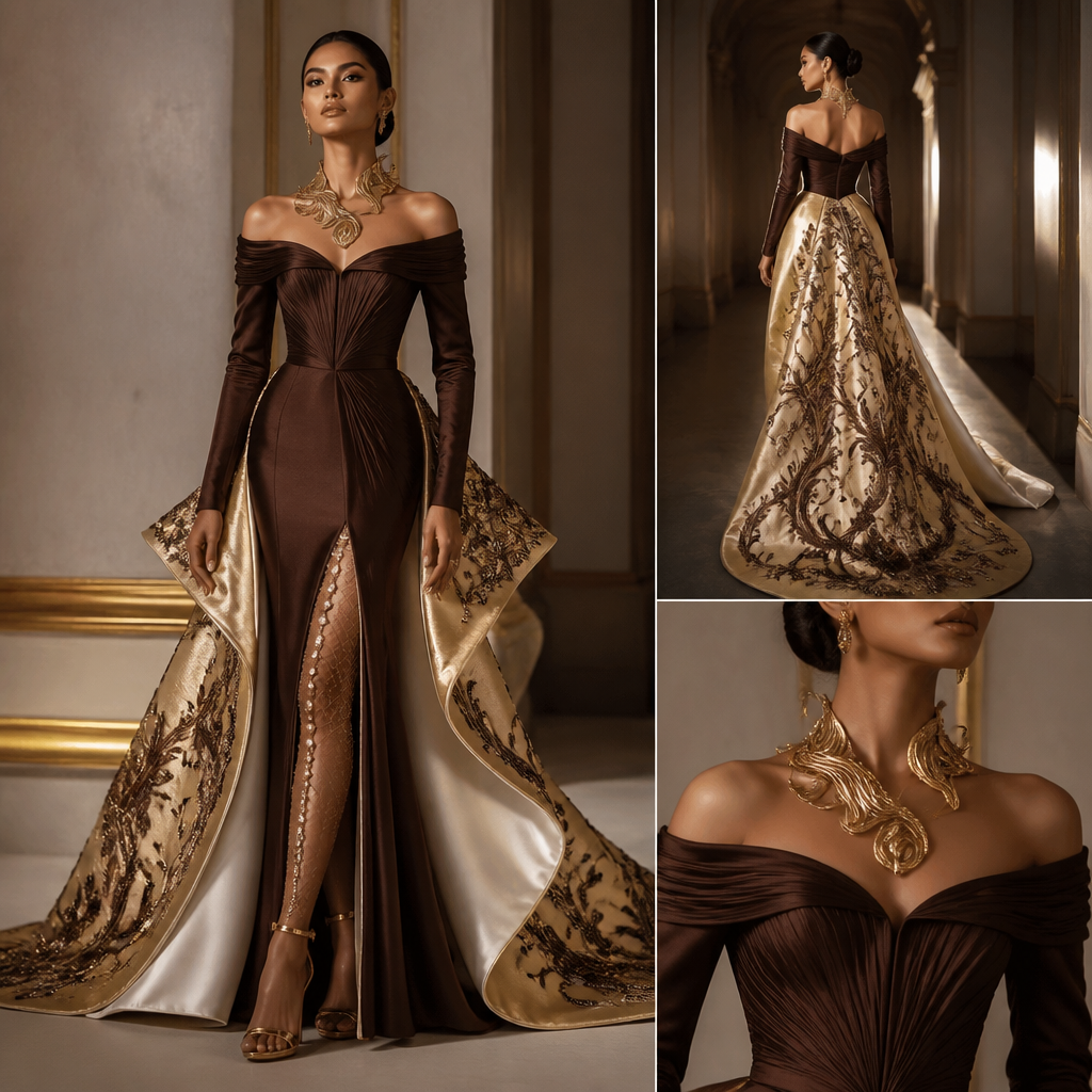 Off-the-shoulder, long-sleeve, timeless, modest mermaid gown with a piped chocolate-brown oyster bodice extending to mid-thigh and a gold avant-garde train starting at the knees, with a pure white inner lining like the nacre inside a clam. The slip under the dress should be of metallic netting with lines of pearls gracing the bottom of the netting. The model should be wearing a large gold-plated neck adornment alike the cymbal instrument. add brown visuals and pictures of embroidery on the gold train only
Off-the-shoulder, long-sleeve, timeless mermaid gown. Bodice: piped chocolate-brown oyster fabric, mid-thigh. Train: gold avant-garde fabric, knee-length, with brown embroidery details. Inner lining: pure white fabric. Slip: metallic netting with pearl trim. Accessories: large gold-plated neck adornment.