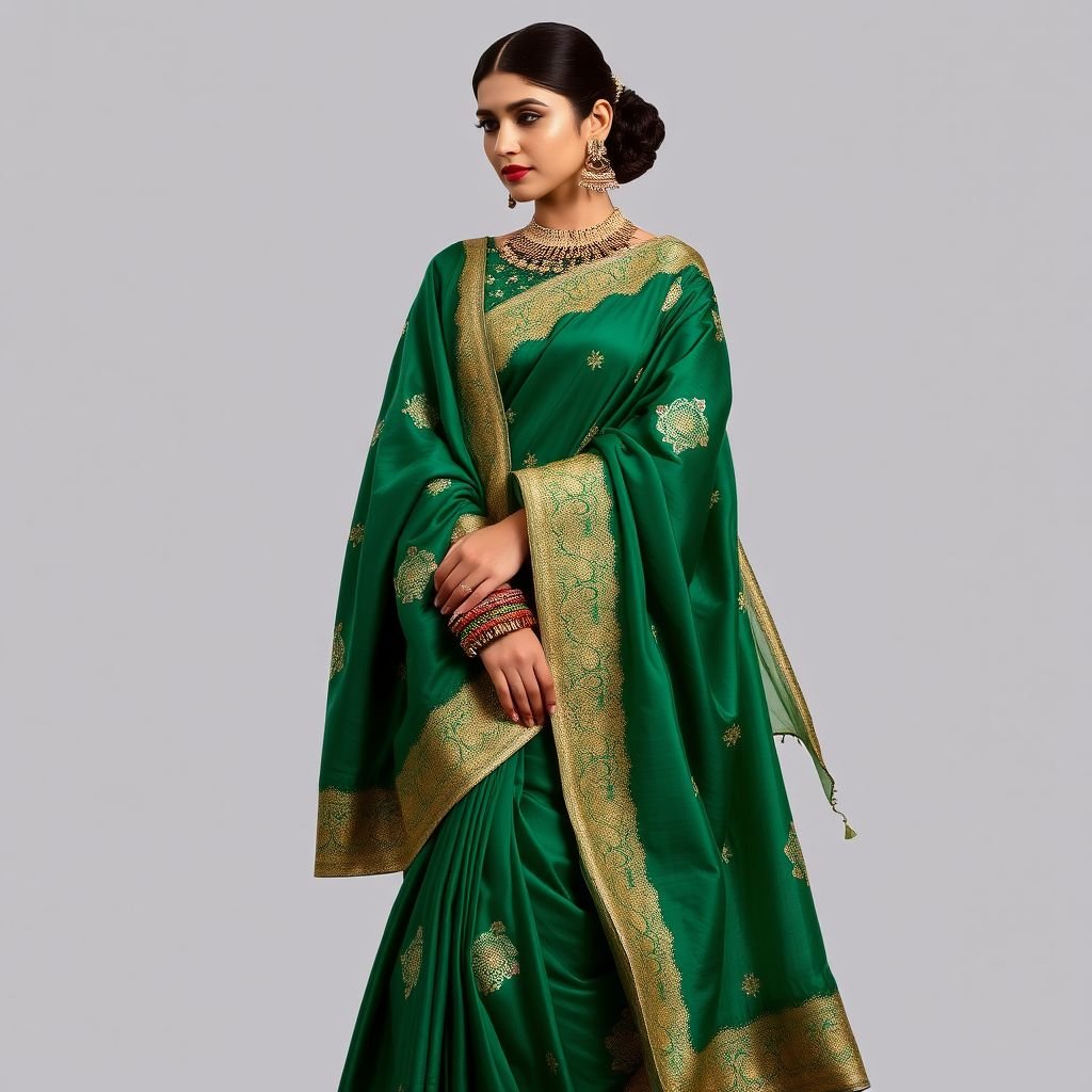 a saree
A silk saree in deep emerald green, adorned with intricate gold threadwork, cascading elegantly with layers of delicate pleats. Soft, translucent dupatta embellished with shimmering sequins, draping gracefully over the shoulder. A striking contrast blouse featuring ornate floral embroidery, paired with statement earrings and intricately designed bangles for a timeless, regal look.