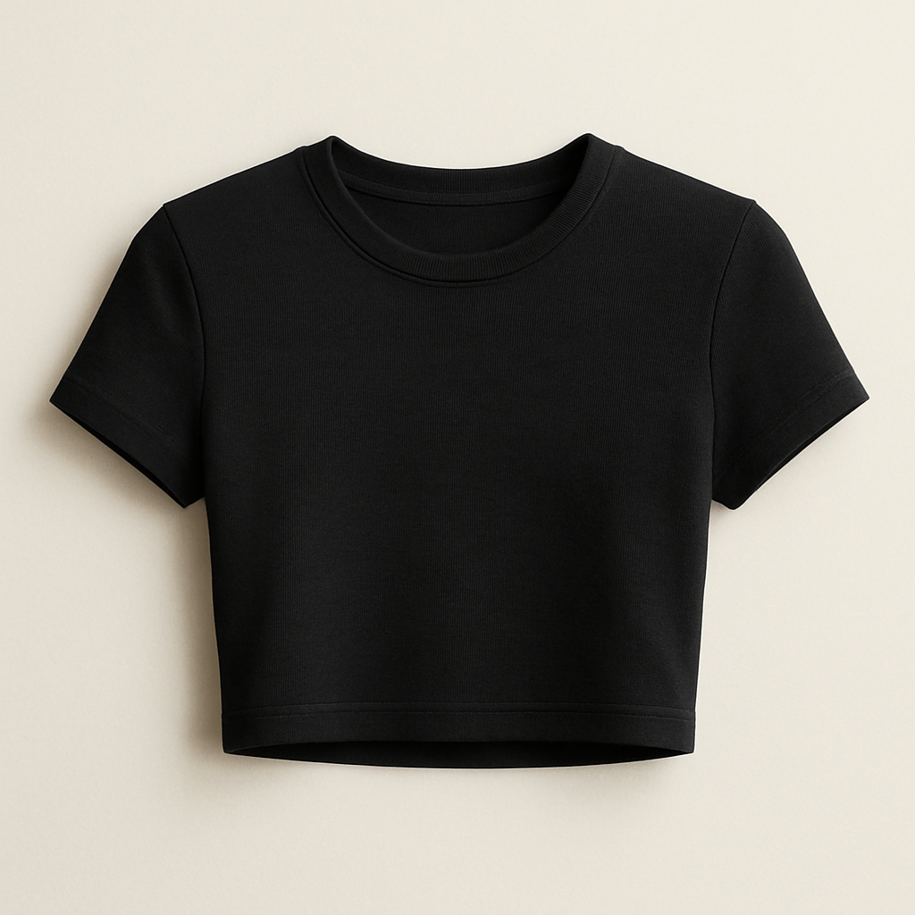 A premium women’s crop black colour , basic crew neck t-shirt, slim fit, ending just below the bust line, not long , crop, made of first-class high-quality cotton fabric with a soft luxurious texture. Short sleeves, minimal and elegant design. Ghost mannequin hollow man style photography, the t-shirt looks 3D as if worn by an invisible model, perfectly shaped and realistic slim fit. Photographed in natural daylight, clean background, ultra-detailed premium cotton fabric texture, hyperrealistic stitches, 3D/4D depth of field close-up, fashion e-commerce product photography aesthetic.
Classic fashion design: Slim fit, black cotton crop top. Crew neck, short sleeves. Elegant, basic design, ending just below the bust. Soft, luxurious texture.