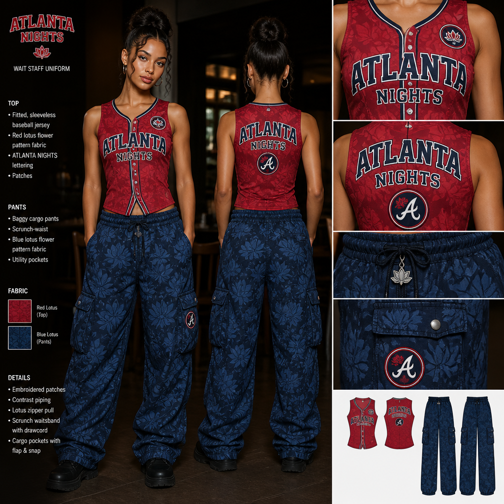 womens wait staff uniform with red sleeveless baseball fitted jersey with company name ATLANTA NIGHTS with atlanta hawks and atlanta Falcons patches with jean like scrunch waist baggy cargo pants all made of lotus flower
Women's wait staff uniform. Fitted, sleeveless baseball jersey in red lotus flower fabric, featuring "ATLANTA NIGHTS" lettering and patches. Paired with baggy, scrunch-waist cargo pants in blue lotus flower fabric.