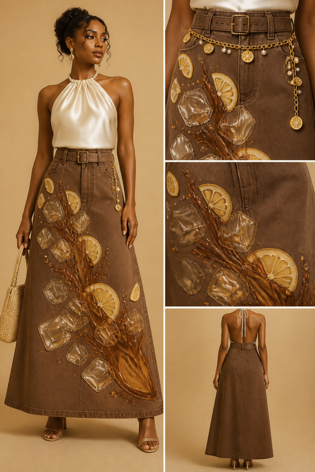 Black Women's A-line, ankle-length belted all mocha jean skirt resembling ice tea by using applique with a lemon-themed chain with pearl colored halter top
Black Women's A-line, ankle-length belted all mocha jean skirt resembling ice tea by using applique with a lemon-themed chain with pearl colored halter top