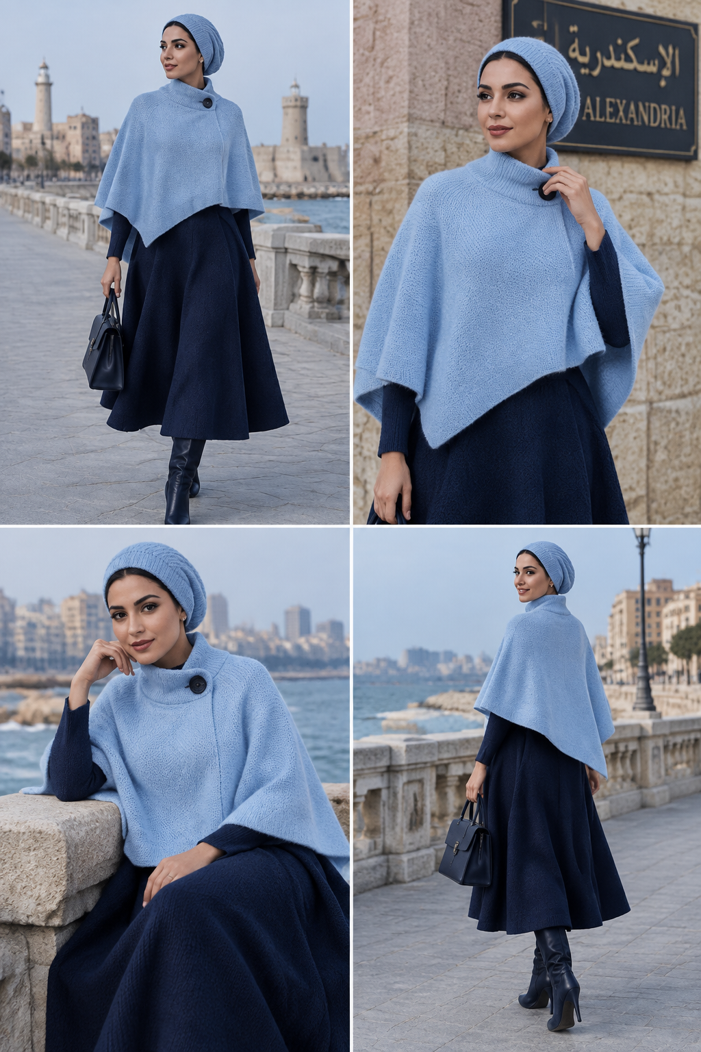 Create winter look cropped poncho baby blue color with one large button on the neck of poncho
With dark navy blue knit wide skirt midi with navy boots
Egyptian features model in Alexandria Egypt matching head piece made of wool or knit give me professional look in different 4 postings
Create winter look cropped poncho baby blue color with one large button on the neck of poncho
With dark navy blue knit wide skirt midi with navy boots
Egyptian features model in Alexandria Egypt matching head piece made of wool or knit give me professional look in different 4 postings