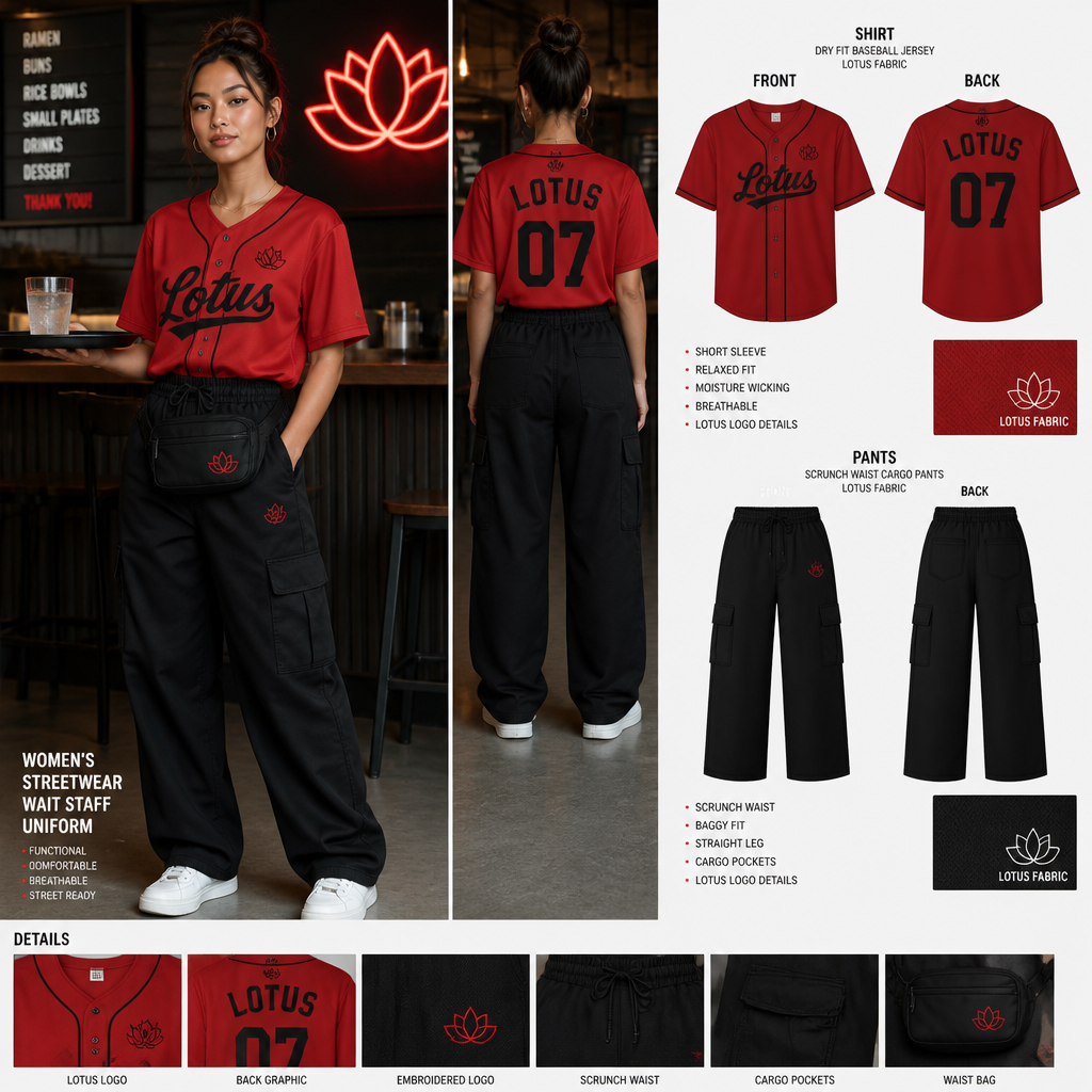 Womens streetwear wait staff uniform made of red dry fit baseball jersey shirt and black scrunch waist baggy cargo pants all made of lotus fabric
Women's streetwear wait staff uniform: red dry fit baseball jersey shirt, short sleeve, relaxed fit; black scrunch waist baggy cargo pants, straight leg, loose fit, both in lotus fabric.
