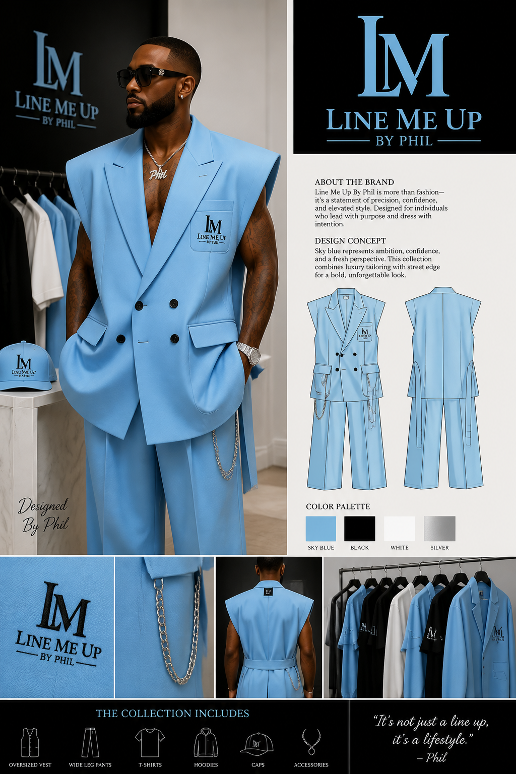 Include logo: Line Me Up By Phil. Show a black man owner dressed in a special sky blue oversized suit vest
Include logo: Line Me Up By Phil. Show a black man owner dressed in a special sky blue oversized suit vest