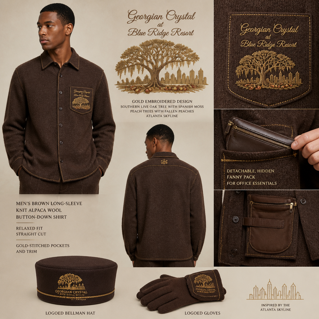 brown long-sleeve knit alpaca wool button-down. Make sure pockets have gold stitching. Include an attachable, hidden brown sleek fanny pack to hold pens, a small pen pad, front office cordless phone, and front office keys. The front pocket logo should have the business name "Georgian Crystal at Blue Ridge Resort" embroidered with gold stitching only in cursive font. Include gold embroidered Southern Live Oak Tree with Spanish Moss and Peach Trees with fallen peaches influenced by the Atlanta skyline within front pocket logo. Please create a design for men only. Logo should be located on the front of button down. include logoed bellmen hat and gloves for bellmen
Men's brown long-sleeve knit alpaca wool button-down shirt. Relaxed fit, straight cut. Gold-stitched pockets. Detachable, hidden brown sleek fanny pack for office essentials. Front pocket with "Georgian Crystal at Blue Ridge Resort" in gold cursive embroidery, featuring a gold embroidered Southern Live Oak Tree with Spanish Moss and Peach Trees with fallen peaches, influenced by the Atlanta skyline. Includes logoed bellman hat and gloves.