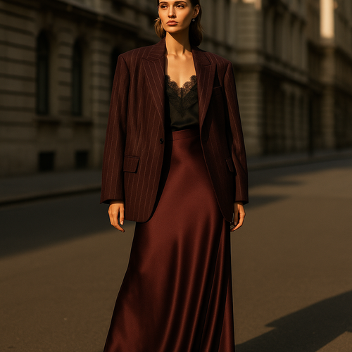 High fashion editorial full body street shot of an elegant woman. She casually drapes a dark bordeaux wool oversized blazer over her shoulders (not worn on arms). The fabric is dark bordeaux with single thin white vertical pinstripes, evenly spaced exactly like the reference texture, straight and orderly, no double stripes, soft luxurious wool texture. The blazer has a single button design, no chest pocket, only two flap pockets at the bottom. Underneath she wears a black lace camisole top, V-neck, with delicate straps. She pairs it with a long dark bordeaux satin skirt with a soft sheen and fluid drape, and pointed-toe high heels. Confident elegant posture, cinematic soft lighting, modern city street background slightly out of focus, luxury fashion editorial, Vogue magazine aesthetic, full body visible, sharp focus.
