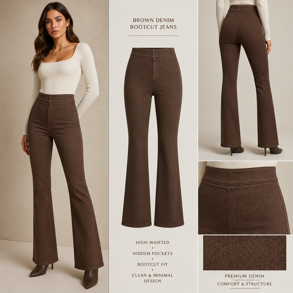 womens brown bootcut jeans with hidden pockets and
Women's brown denim bootcut jeans, high-waisted, with hidden pockets.