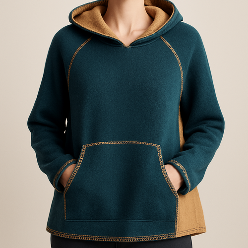 let's create a women's contemporary design hooded knitwear pullover that is reversible with contrast stitching, and double faced so the inside color is different fromthe outside
