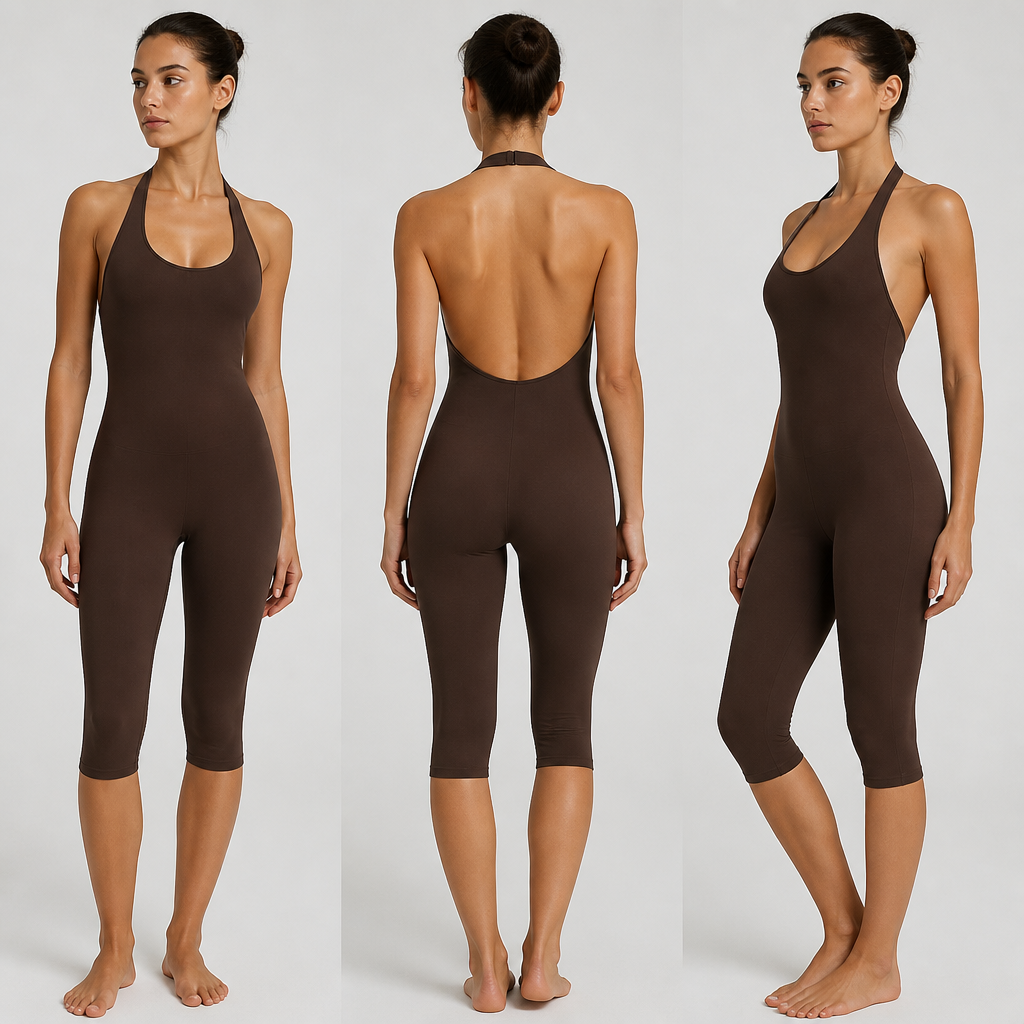 combinaison longeur Capri (chocolat,beige, noir,gris antracite) , matiere 76 % de polyamide / 24 % d’élastane , scultante , col décolleté court , bride de 2cm de largeur qu'on attache dans le coup, ventre gainant et short moullant longeur capri qui arrive au genou , fessier galbant et push up, toute la combinaison est coupée au laser sans couture , dos nus
Minimalist fashion design: Capri jumpsuit in chocolate, beige, black, or anthracite. Smooth knit fabric. Sculpting, close-fitting with a Capri-length short. Scoop neck, 2cm halter strap. Open back. Laser-cut edges.