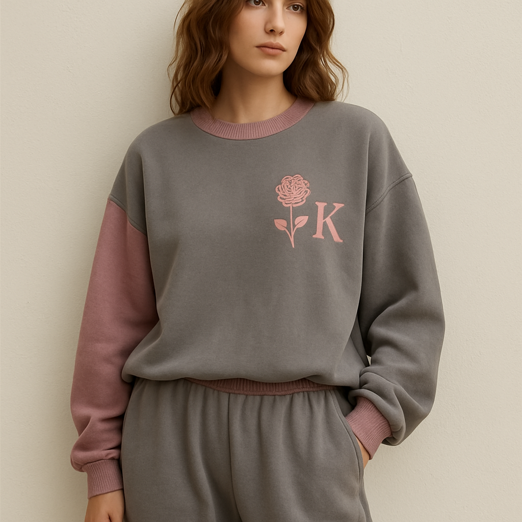 Matching top and bottom grey and pink track suit with a rose flower with a K on it

Bohemian fashion design: Matching oversized cotton tracksuit, gray and dusty pink, flowy fit. Rose with a "K" embroidery.