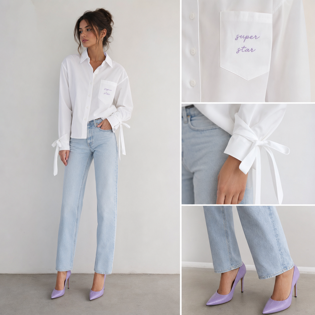 White long sleeve button up shirt with white Blouse ties on bottom of sleeves. Little purple cursive letters on pocket of shirt saying super star. Light jeans. Purple high heel.
White long sleeve button up shirt with white Blouse ties on bottom of sleeves. Little purple cursive letters on pocket of shirt saying super star. Light jeans. Purple high heel.