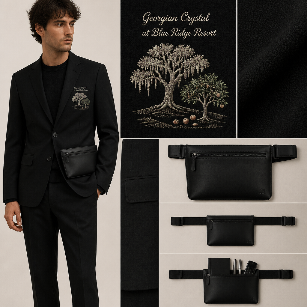 All Black warm long-sleeve alpaca wool full sweater buttoned tailored blazer suit with black pockets. Make sure pockets have black stitching. Include an attachable black sleek fanny pack to hold pens, a small pen pad, front office cordless phone, and front office keys. The logo should business name "Georgian Crystal at Blue Ridge Resort" embroidered with Ivory stitching, then include an embroidered Southern Live Oak Tree with Spanish Moss and Peach Trees with fallen peaches gracing it like the Atlanta skyline. Please create a design for men only. Remove logo from back of tailored sweater blazer
Men's black alpaca wool sweater, long-sleeve. Black tailored blazer suit, buttoned. Straight cut. Black pockets with black stitching. Attachable black sleek fanny pack for office items. Embroidered "Georgian Crystal at Blue Ridge Resort" (Ivory stitching), Southern Live Oak Tree with Spanish Moss, and Peach Trees with fallen peaches. No back logo.
