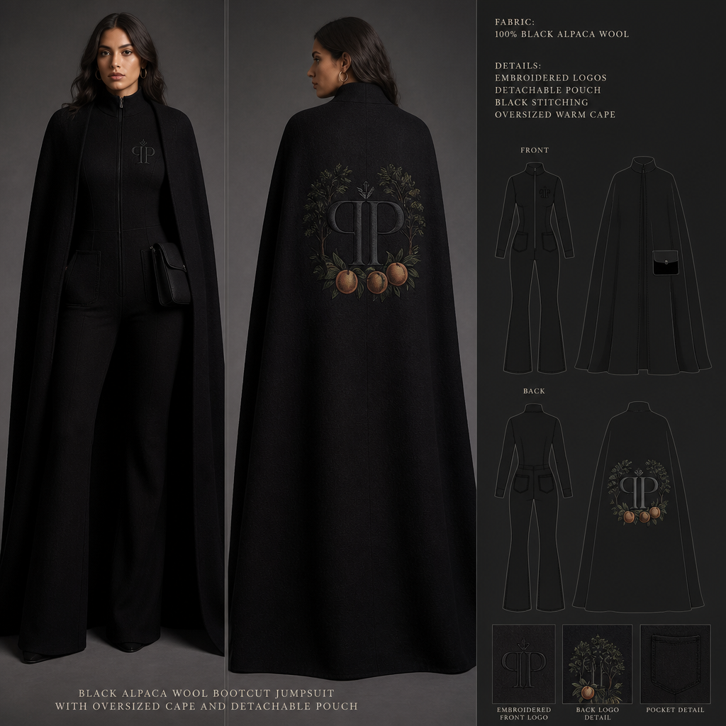Black warm long-sleeve cape, waist-length, all-around one-piece bootcut alpaca wool jumpsuit with "Georgian Crystal at Blue Ridge Resort" embroidered front logo with Ivory stitching, then add black pockets. Make sure pockets have black stitching. Include an attachable black pouch under the cape to hold pens, a small pen pad, front office cordless phone, and front office keys. Back of cape must show logo large with Southern Live Oak Tree With Spanish Moss and Peach Stitched Peach Trees with fallen peaches gracing the edges of the back cape like the Atlanta skyline. Please make sure the cape is large enough to cover the pouch and reaching below the waist.
Black alpaca wool, bootcut jumpsuit, with an embroidered front logo. Black warm long-sleeve cape, oversized, covering a detachable black pouch. Back of cape features a large embroidered logo with trees and peaches. Black pockets with black stitching.