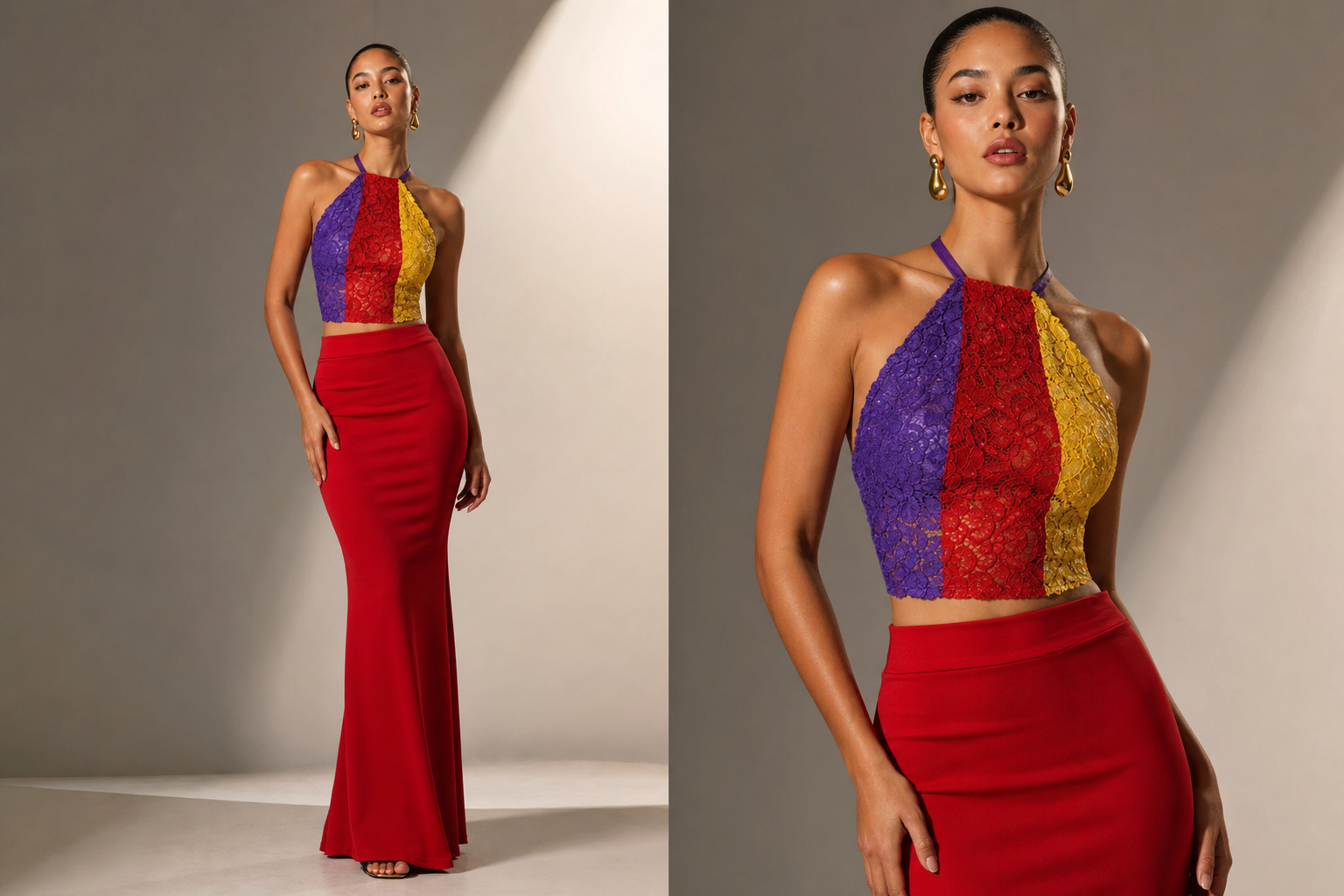 Purple and red and yellow lace halter top lower halter in middle with bottom of dress long and red plain and tight.
Contemporary fashion design: Color block halter top: purple, red, and yellow lace with a plain red, long, and tight skirt. Modern and sleek silhouette.