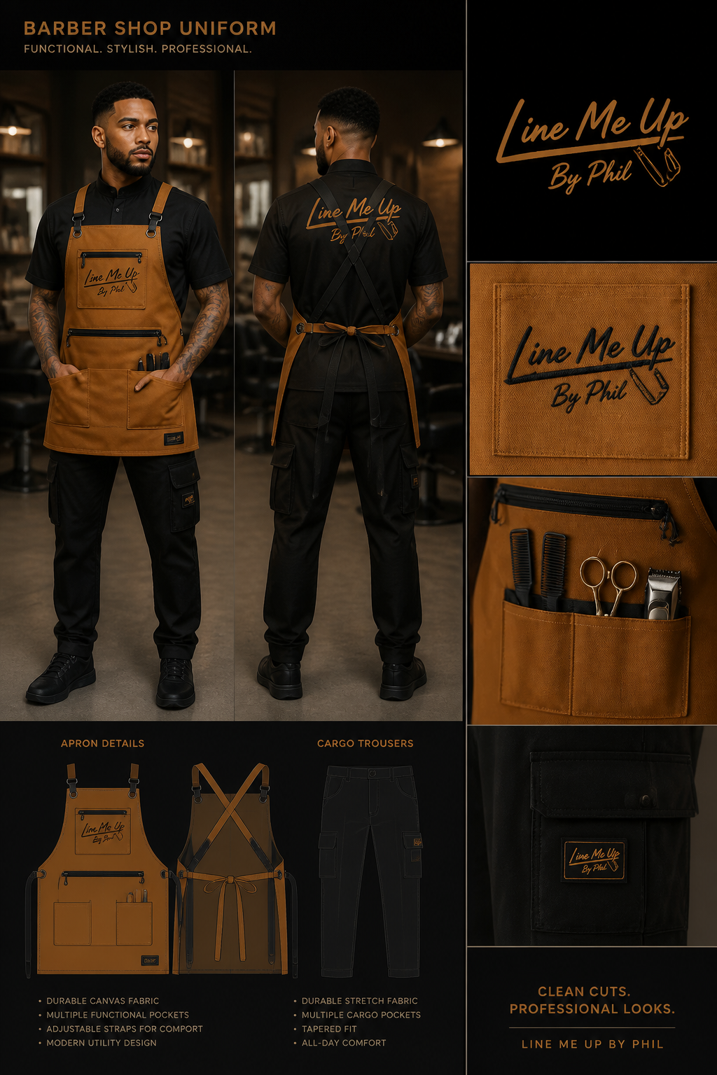 barber shop uniform with amber cargo apron with pockets and black cargo trousers and black undershirt. Include logo: Line Me Up By Phil
barber shop uniform with amber cargo apron with pockets and black cargo trousers and black undershirt. Include logo: Line Me Up By Phil