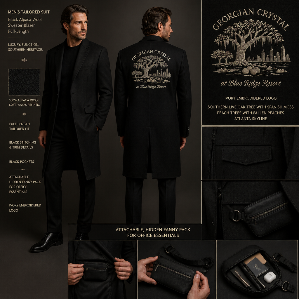 All Black warm long-sleeve alpaca wool full sweater tailored blazer suit with black pockets. Make sure pockets have black stitching. Include an attachable, hidden black sleek fanny pack to hold pens, a small pen pad, front office cordless phone, and front office keys. The logo should have the business name "Georgian Crystal at Blue Ridge Resort" embroidered with Ivory stitching. Include an ivory embroidered Southern Live Oak Tree with Spanish Moss and Peach Trees with fallen peaches gracing it like the Atlanta skyline. Please create a design for men only. Remove logo from back of tailored sweater blazer
Men's tailored suit: black alpaca wool sweater blazer, full-length, with black pockets and stitching. Includes an attachable, hidden black fanny pack for office essentials. "Georgian Crystal at Blue Ridge Resort" logo with ivory stitching, featuring an ivory embroidered Southern Live Oak Tree with Spanish Moss and Peach Trees with fallen peaches, reminiscent of the Atlanta skyline.