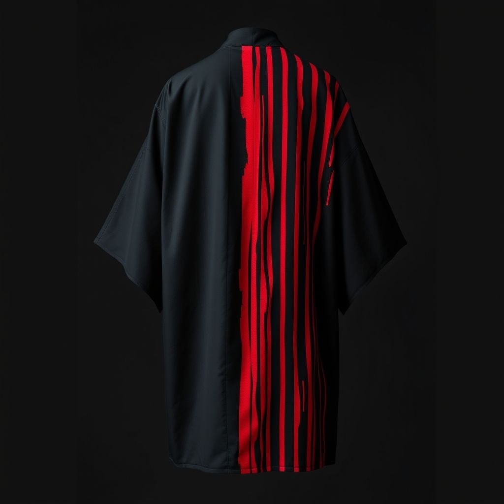 Design a men's kimono with a futuristic, minimalist aesthetic. On one side of the kimono, feature vertical lines in varying widths and lengths, randomly placed in red, creating a dynamic and fluid pattern. The other side should remain clean and simple, maintaining a sleek, modern silhouette. The base color should be black, with the red lines adding contrast and energy to one side. The overall design should combine a modern, shamanic feel, blending tradition with innovation, and evoke both spiritual and futuristic elements."

Men’s kimono, black base, minimalist silhouette. One side adorned with bold, irregular vertical lines in vibrant red, creating dynamic texture and movement. Opposite side untouched, smooth and unembellished, emphasizing sleekness. Fusion of modernity and tradition, shamanic inspiration woven into fabric, embodying a harmonious blend of spiritual essence and futuristic vision.