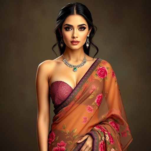 a saree with more revealing skin, full body. floral design beautiful face j cup sized chest