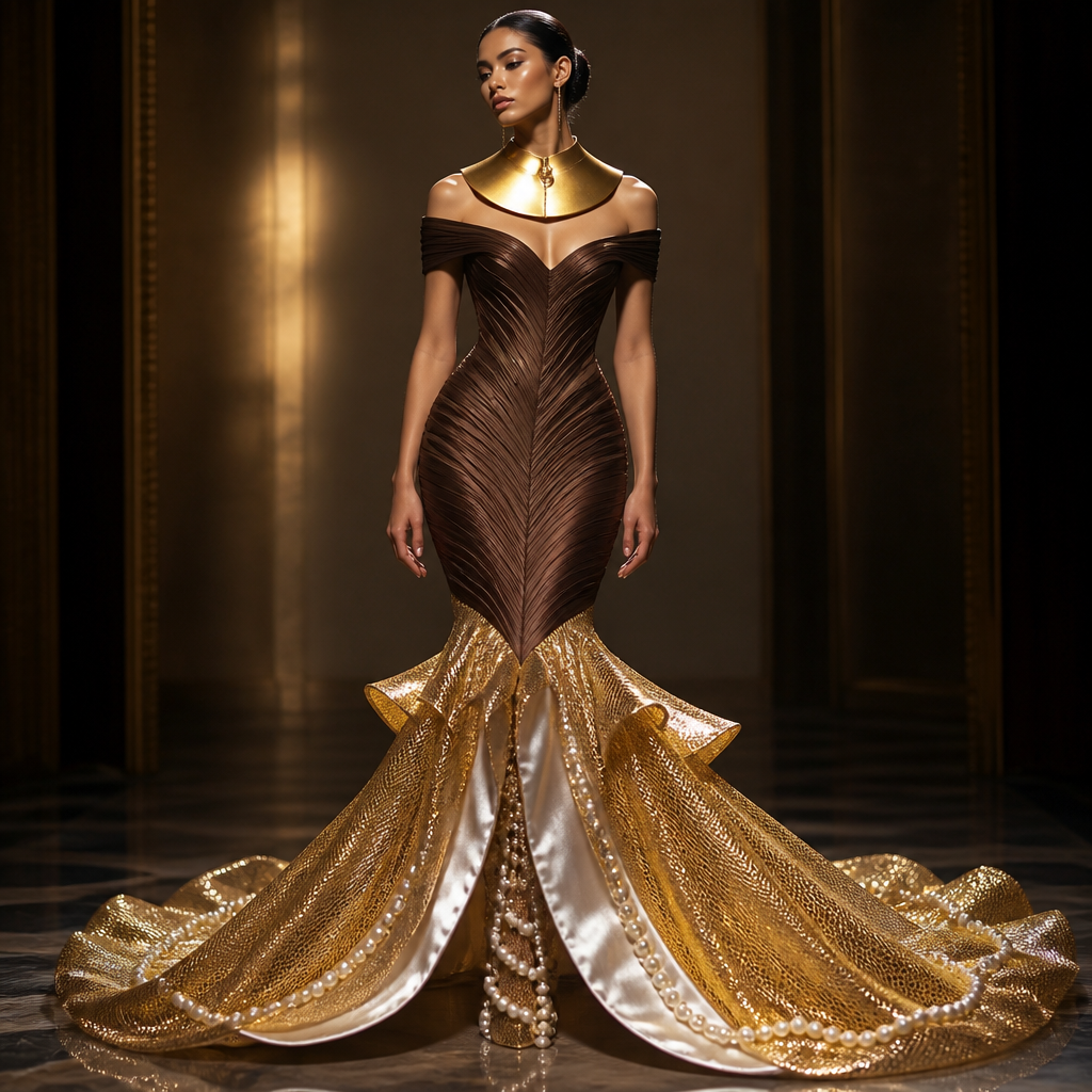Off-the-shoulder, timeless, modest mermaid gown with a piped chocolate-brown oyster bodice extending to mid-thigh and a gold avant-garde train starting at the knees, with a pure white inner lining like the nacre inside a clam. The slip under the dress should be of metallic netting with lines of pearls gracing the bottom of the netting. The model should be wearing a large gold-plated neck adornment alike the cymbal instrument
Off-the-shoulder mermaid gown, piped chocolate-brown oyster bodice to mid-thigh, gold avant-garde train from knees, pure white inner lining. Metallic netting slip, pearl lines at bottom. Large gold-plated cymbal neck adornment.