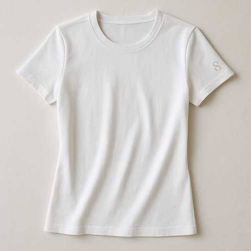 A premium women’s basic crew neck t-shirt, slim-relaxed fit, high-quality cotton fabric, short sleeves, minimal and elegant design. On the left sleeve near the cuff, a small embroidered monogram logo with only the letter “S”, elegant stitched embroidery with thread texture, luxury brand style. Photographed in natural daylight, clean background, ultra-detailed fabric texture, hyperrealistic cotton stitches, 3D depth of field close-up, fashion e-commerce product photography aesthetic.
