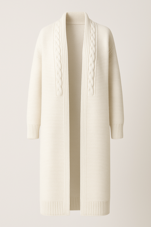 High-end product photography, ghost mannequin / invisible model, luxury knitwear. Long oversized open-front knitted cardigan in accurate ivory/ekru color, below-knee length, wide ribbed shawl collar, relaxed straight fit, double vertical cable-knit panels running down both front edges from shoulder to hem, body in dense horizontal knit texture. Long sleeves with cable-knit detail along outer arm, ribbed cuffs and ribbed hem, no buttons, no pockets, no belt. Ghost mannequin style: neck and shoulder hollows visible, 3D/4D volume inside collar, natural soft shadows. Centered, front view, perfectly symmetrical. Seamless pure white studio background, softbox lighting, true ivory tone (avoid yellow tint), fabric texture crisp and premium.
Negative prompt: no face, no skin, no body, no hanger, no clips, no brand tags, no mannequin stand showing, no wrinkles, no pockets, no belt, no discoloration, no background props, no blur.”