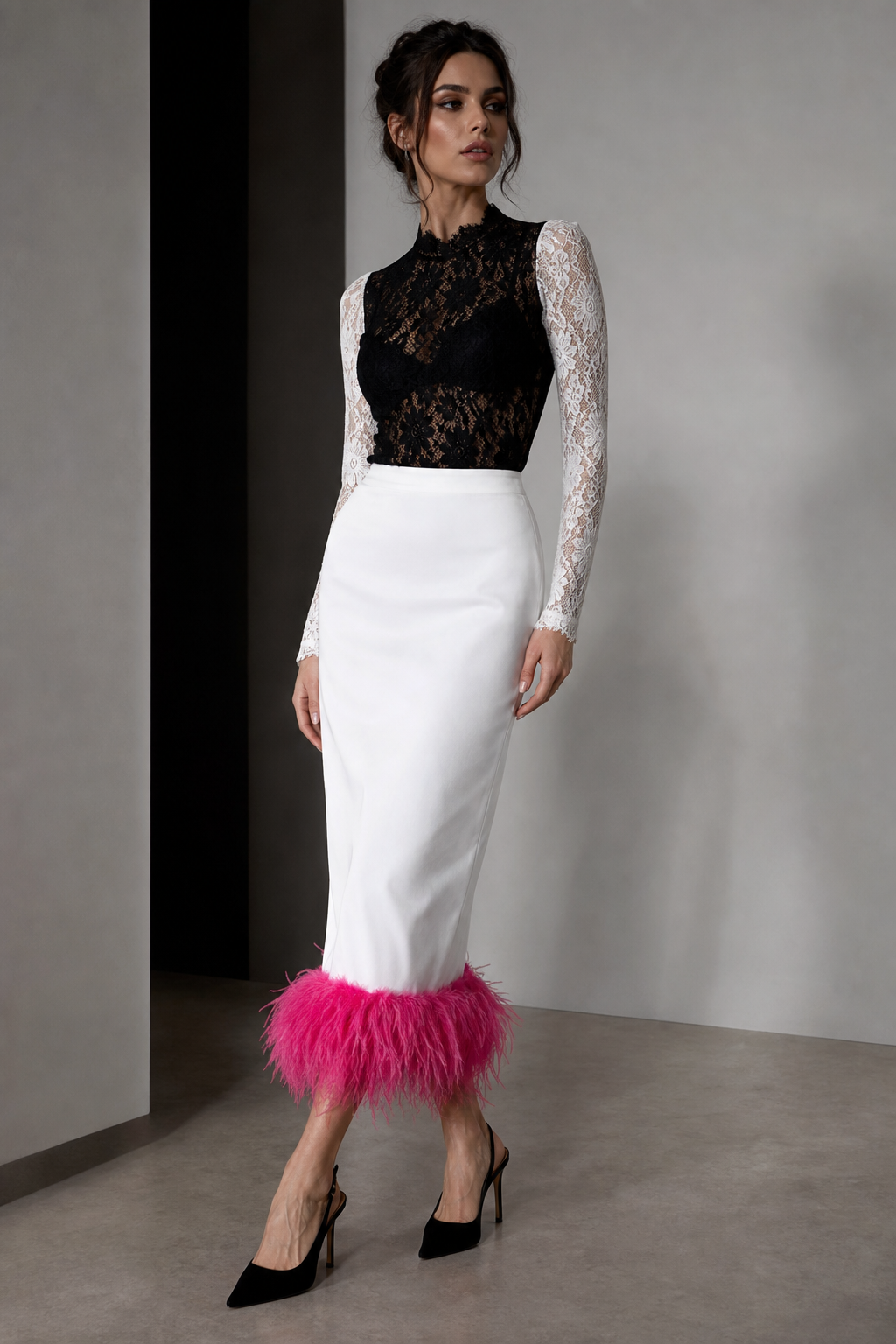White lace skirt with top in black lace with long white lace sleeves. Hot pink feathers on bottom of skirt. Black high heel shoe
Contemporary fashion design: White cotton skirt, straight fit, with hot pink feathers at the hem. Black lace top, fitted, with long white lace sleeves. Black high heels.