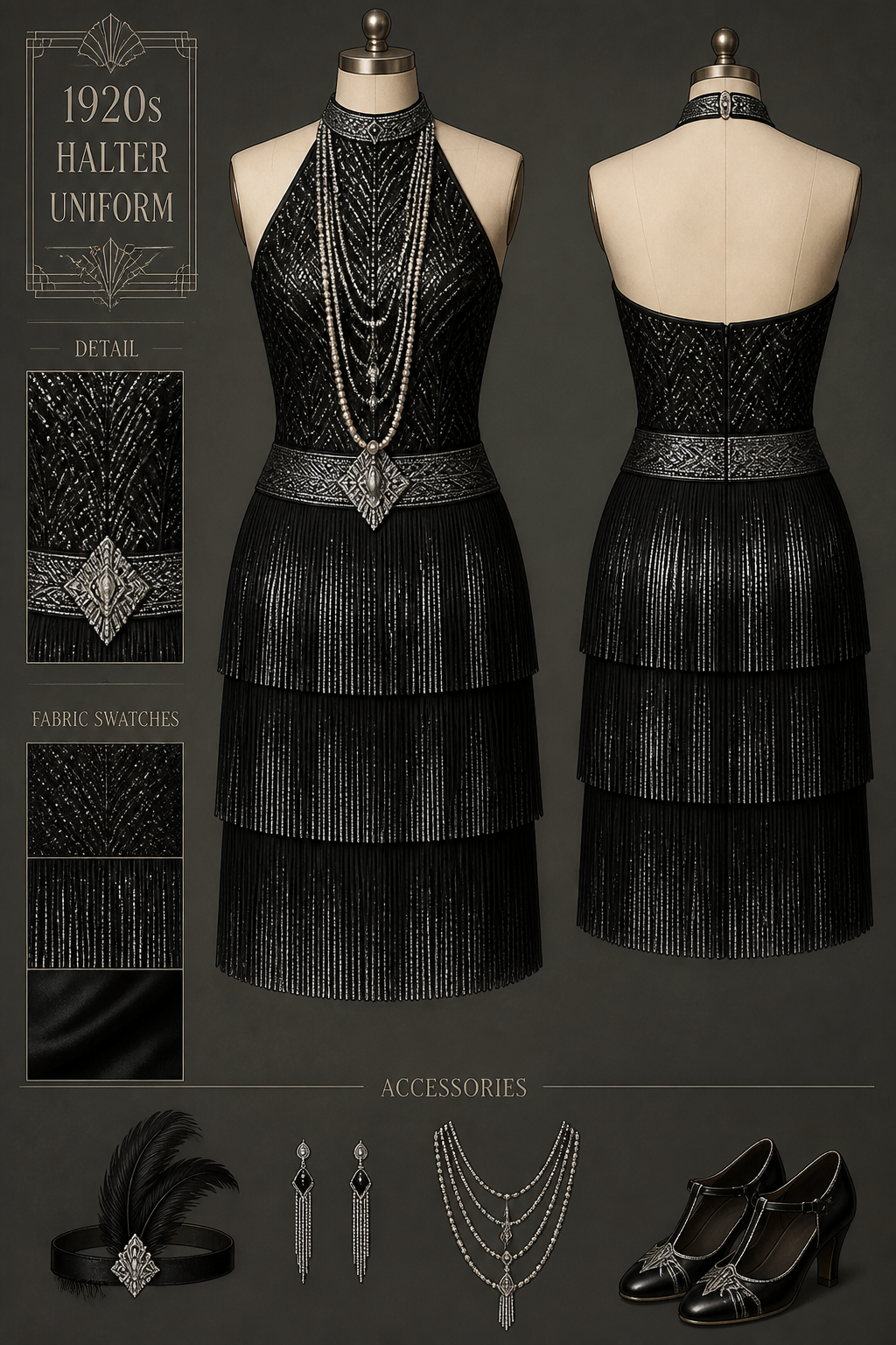 black and silver 1920s halter uniform, textured top with tiered fringe knee-length uniform skirt and layers of necklaces
black and silver 1920s halter uniform, textured top with tiered fringe knee-length uniform skirt and layers of necklaces