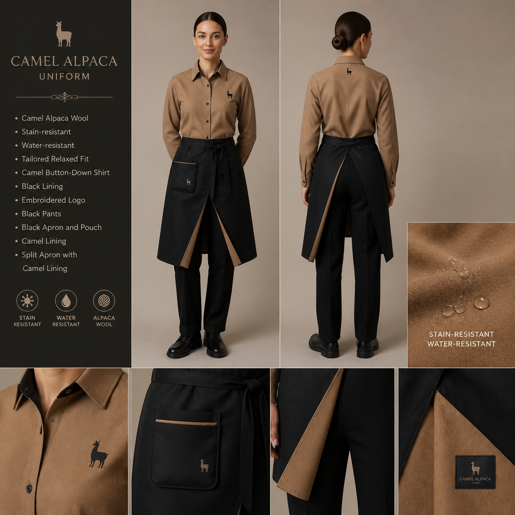 Create a uniform for wait staff that is camel colored, tailored, relaxed fit, made of alpaca wool, stain-resistant, and water-resistant. Include pants and apron. Button-down shirt should be camel colored with black lining with black embroidered letters that state The Georgian Crystal at Blue Ridge Resort and include a Southern Live Oak Tree with Spanish Moss and Peach Trees with fallen peaches; pants should be black, and the apron and pouch should be black. The black apron and black pouch should have camel lining. The black apron needs to have a camel-lined split.
Camel alpaca wool uniform, tailored relaxed fit. Stain-resistant, water-resistant. Camel button-down shirt, black lining, embroidered logo. Black pants. Black apron and pouch, camel lining. Split apron, camel lining.
