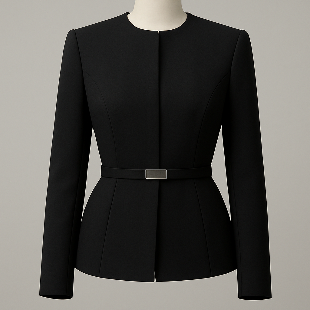 a black tailored jacket. The jacket should cinch  at the waist and be similar to a blazer but it is not a blazer. It does not have buttons. Instead it has clasps on the inside and it has a SKINNY belt in the center that has a silver plaque. It does not have collar like a blazer. No shoulder padding. Soft at shoulders and it should have more of a canvas/ polyester material

Ready To Wear fashion design: Black tailored jacket, waist-cinching silhouette. Canvas/polyester fabric, smooth shoulders. Collarless neckline. Hidden clasps, narrow black belt with silver plaque at front.