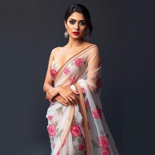 a saree with more revealing skin, full body. floral design beautiful face a cup sized chest