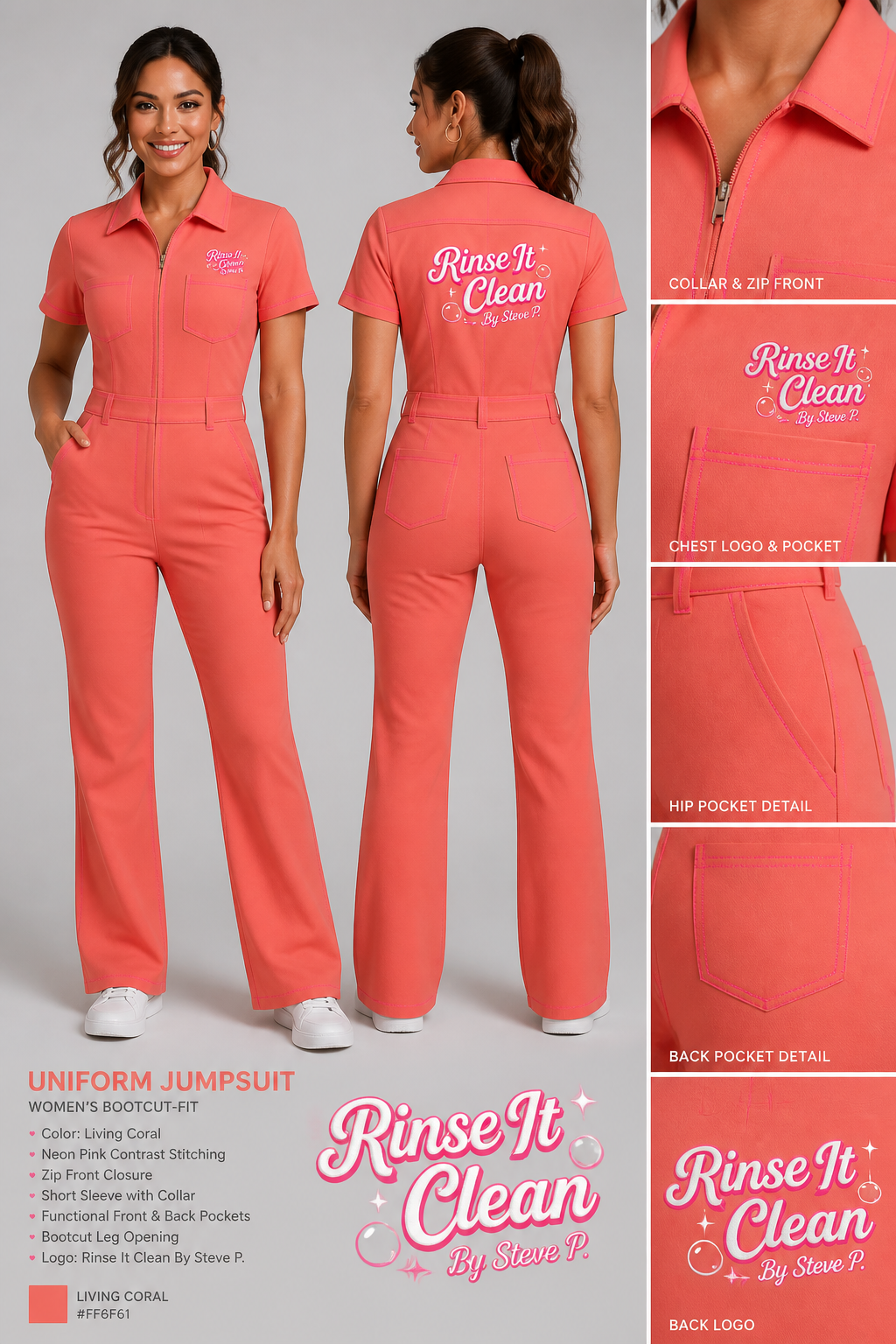 Women's living coral bootcut-fit uniform jumpsuit with neon pink stitching and logo: Rinse It Clean By Steve P.
Women's living coral bootcut-fit uniform jumpsuit with neon pink stitching and logo: Rinse It Clean By Steve P.
