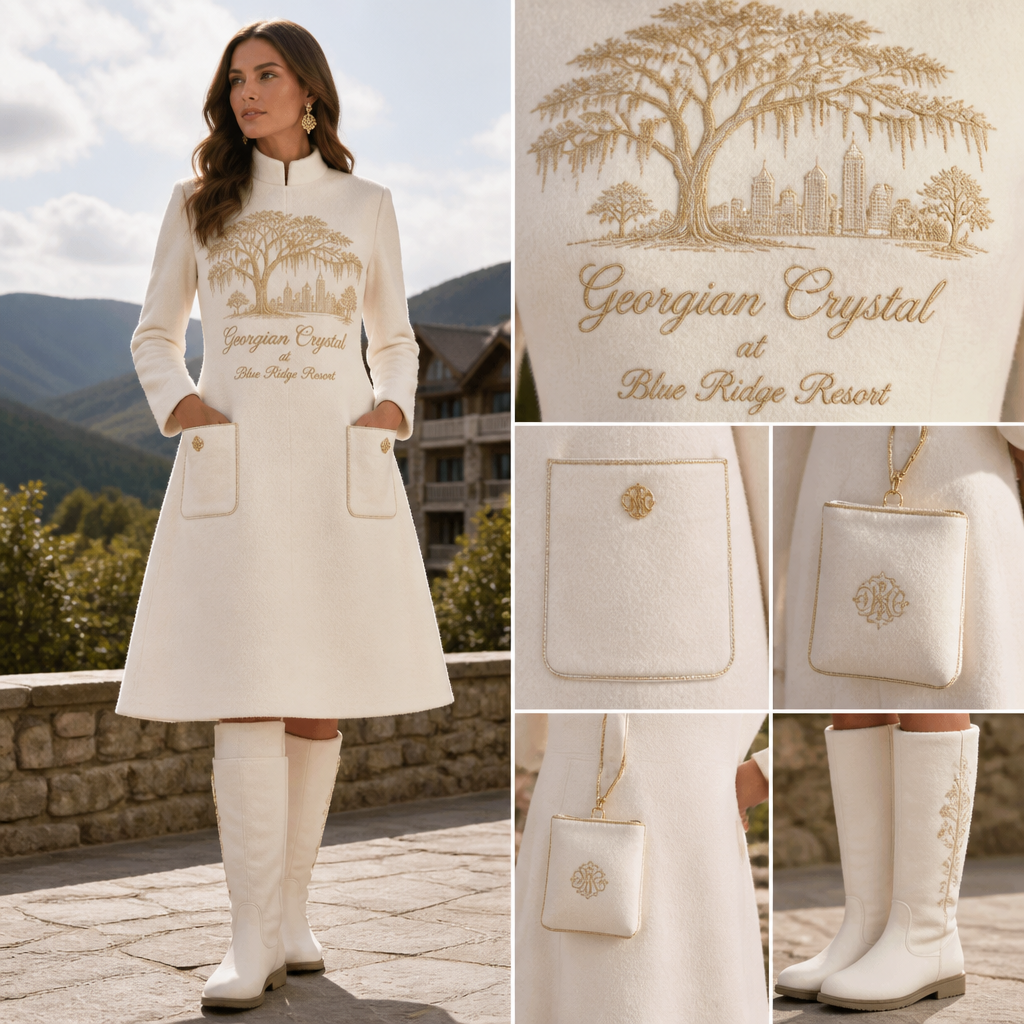 White warm long-sleeve timeless elegance tailored shin-length dress made of alpaca wool with cursive font embroidered "Georgian Crystal at Blue Ridge Resort" on front logo with gold stitching, then add white pockets. Make sure pockets have gold stitching. Include an attachable hidden white pouch to hold pens, a small pen pad, front office cordless phone, and front office keys. Large logo should include a gold-stitched Southern Live Oak Tree with Spanish Moss and Peach Trees with fallen peaches influenced by the Atlanta skyline on the front chest area only. Create a design for women in the front office only. Include white knee-high professional snow-grade flat boots for front office team members who may need to visit the outside grounds of the resort in the snow
White alpaca wool, tailored A-line dress, shin-length. Embroidered cursive font logo "Georgian Crystal at Blue Ridge Resort" with gold stitching on front. White pockets with gold stitching. Hidden attachable pouch. Large gold-stitched Southern Live Oak Tree, Spanish Moss, Peach Trees, and Atlanta skyline pattern on front chest. Designed for women. White snow-grade knee-high flat boots.