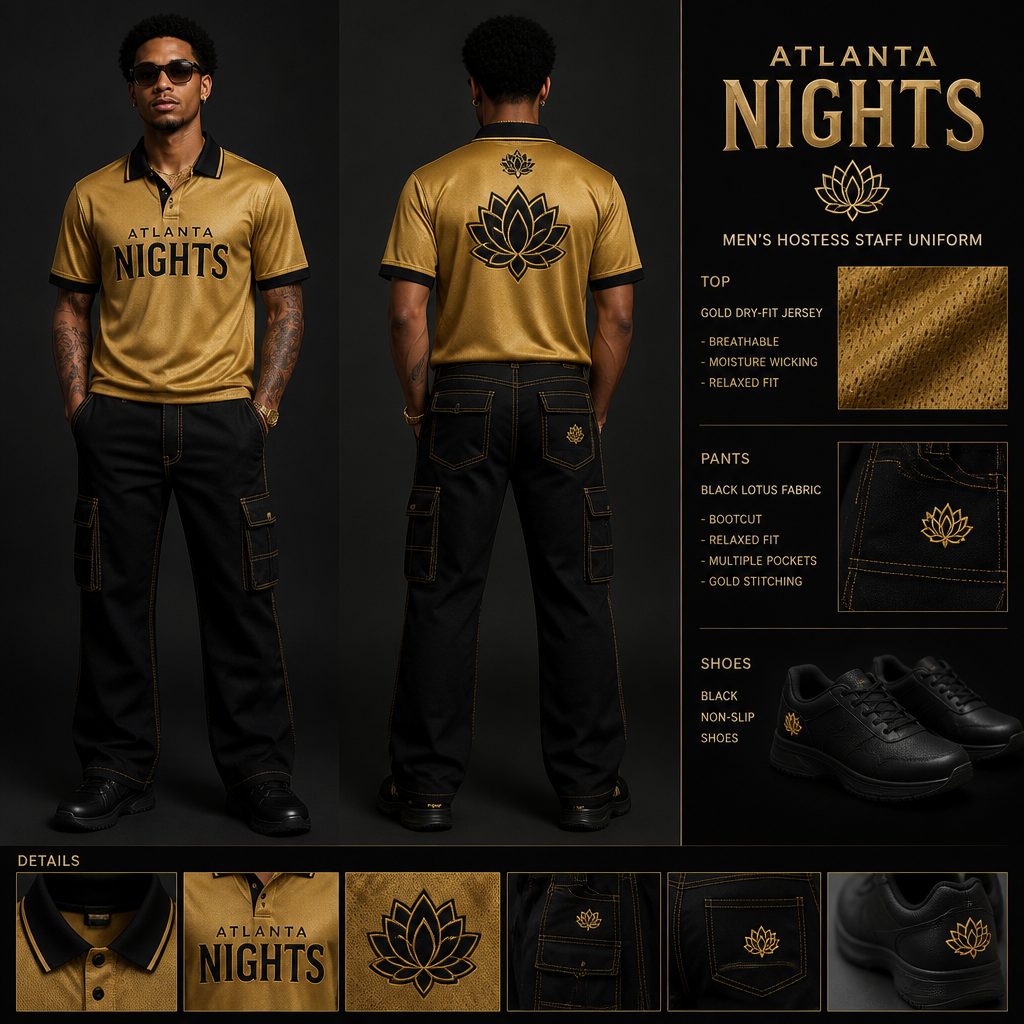 mens hostess staff uniform with gold dry fit jersey with ATLANTA NIGHTS business logo with black bootcut fit pants with multiple pockets and relaxed and gold stitching, streetwear inspired and black non-slip shoes. The uniform is made of lotus fabric. Remove lotus flower from the uniform
Men's hostess staff uniform: Gold dry-fit jersey with ATLANTA NIGHTS logo. Black lotus fabric bootcut pants, relaxed fit, multiple pockets, gold stitching. Streetwear inspired. Black non-slip shoes.