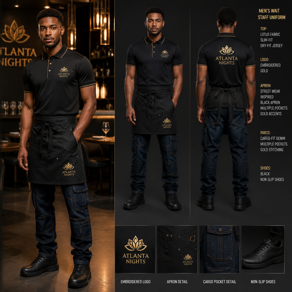 Mens wait staff uniform with red dry fit jersey with ATLANTA NIGHTS business logo with black cargo fit denim with multiple pockets and relaxed and gold stitching, streetwear inspired and black non-slip shoes. Include a black apron with the ATLANTA NIGHTS logo and pockets as well. Uniform is made of lotus fabric
Men's wait staff uniform: Lotus fabric, slim-fit, dry-fit jersey with "ATLANTA NIGHTS" logo, paired with cargo-fit denim jeans with multiple pockets and gold stitching, and a street-wear inspired black apron with logo. Black non-slip shoes.