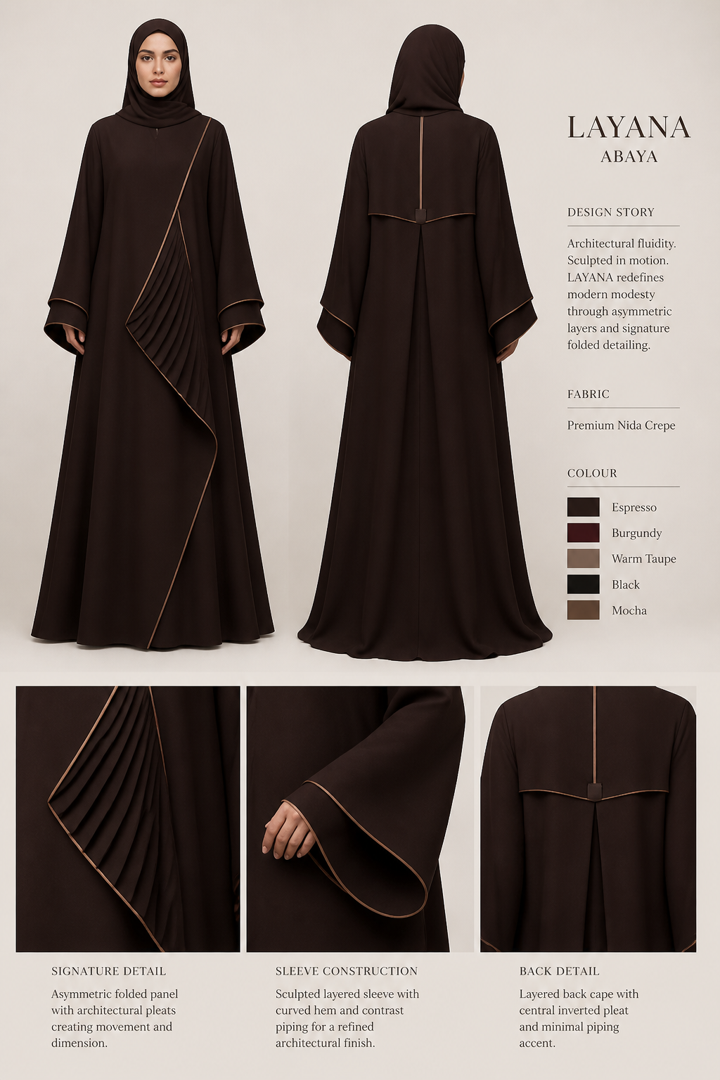 Design a completely original, fashion-forward luxury abaya for a premium UK modest-fashion brand. The design should feel current for 2026–2027 and inspired by contemporary UAE and Saudi modest fashion, while having its own distinctive identity.
Create something that a woman would immediately notice while scrolling and think “I haven’t seen an abaya quite like that before.”
The abaya must remain elegant, modest, sophisticated and realistically manufacturable — not costume-like, overly glamorous or experimental.
Use a beautiful flowing premium Nida/crepe fabric with an elegant full-length silhouette. Introduce one strong signature design feature such as unusual architectural sleeves, sophisticated asymmetric layering, innovative panel construction, subtle dimensional detailing, refined piping, fabric manipulation, or an original embroidery placement.
Avoid generic abaya designs. Do not simply put floral embroidery around the sleeves and front edges. Do not use excessive rhinestones, sequins, crystals, gold decoration or heavy embellishment.
The design should feel expensive through cut, construction, movement and thoughtful details, rather than excessive decoration.
Colour palette: rich espresso, deep burgundy, warm taupe, black, mocha or sophisticated muted neutrals.
Create a design suitable for a £100–£150 premium retail price point and attractive to stylish young modest women in the UK.
Show:
full front view
full back view
close-up of the signature design detail
close-up of sleeve construction
clean fashion-design presentation
No handbag, jewellery or distracting accessories. Keep attention entirely on the abaya.
Do not copy or closely imitate any existing designer or abaya brand. Create an original commercially viable concept.
Design a completely original, fashion-forward luxury abaya for a premium UK modest-fashion brand. The design should feel current for 2026–2027 and inspired by contemporary UAE and Saudi modest fashion, while having its own distinctive identity.
Create something that a woman would immediately notice while scrolling and think “I haven’t seen an abaya quite like that before.”
The abaya must remain elegant, modest, sophisticated and realistically manufacturable — not costume-like, overly glamorous or experimental.
Use a beautiful flowing premium Nida/crepe fabric with an elegant full-length silhouette. Introduce one strong signature design feature such as unusual architectural sleeves, sophisticated asymmetric layering, innovative panel construction, subtle dimensional detailing, refined piping, fabric manipulation, or an original embroidery placement.
Avoid generic abaya designs. Do not simply put floral embroidery around the sleeves and front edges. Do not use excessive rhinestones, sequins, crystals, gold decoration or heavy embellishment.
The design should feel expensive through cut, construction, movement and thoughtful details, rather than excessive decoration.
Colour palette: rich espresso, deep burgundy, warm taupe, black, mocha or sophisticated muted neutrals.
Create a design suitable for a £100–£150 premium retail price point and attractive to stylish young modest women in the UK.
Show:
full front view
full back view
close-up of the signature design detail
close-up of sleeve construction
clean fashion-design presentation
No handbag, jewellery or distracting accessories. Keep attention entirely on the abaya.
Do not copy or closely imitate any existing designer or abaya brand. Create an original commercially viable concept.
